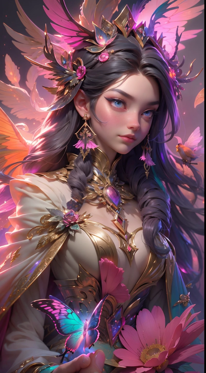 (((masterpiece))), (((best quality))), ((ultra-detailed)),(highly detailed CG illustration), ((an extremely delicate and beautiful)),cinematic light, Create a stunning fantasy artwork that mimics the style of currently trending masters of the genre. The art piece should contain elements of both mythic fantasy and fairytale fantasy with colorful accents. ((Utilize various shades of pink and watercolor pastels as the main color scheme.)) The character in the artwork is a delicate but strong petite figure with an aura of mystery and magic. Pay close attention to intricate facial features, such as mesmerizing eyes with vibrant colors and bold shading. The character's clothing should be designed with gossamer feathers, silk, stunning embroidery, and subtle iridescent details. Incorporate dreamy colors, dynamic lighting, and detailed background elements to create a sense of awe and immersion. Include colorful flying magical birds and jewel-toned butterflies radiating a magical aura. Consider the latest trends in fantasy art, such as incorporating unique lighting effects, exploring dynamic and compelling composition techniques, and experimenting with unique color palettes. Take inspiration from the top artists on ArtStation and Midjourney. Camera: Choose an angle that highlights the character's beauty and enhances the magical majesty of the artwork. Lighting: Utilize atmospheric lighting techniques to create depth and mood. Resolution: Aim for a high-resolution artwork to showcase intricate details and clarity. Art Inspirations: Seek inspiration from the trending artists on ArtStation, exploring different styles, genres, and themes.
