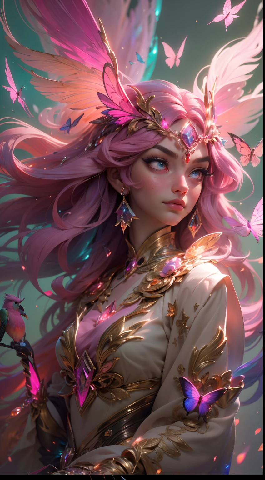 (((masterpiece))), (((best quality))), ((ultra-detailed)),(highly detailed CG illustration), ((an extremely delicate and beautiful)),cinematic light, Create a stunning fantasy artwork that mimics the style of currently trending masters of the genre. The art piece should contain elements of both mythic fantasy and fairytale fantasy with colorful accents. ((Utilize various shades of pink and watercolor pastels as the main color scheme.)) The character in the artwork is a delicate but strong petite figure with an aura of mystery and magic. Pay close attention to intricate facial features, such as mesmerizing eyes with vibrant colors and bold shading. The character's clothing should be designed with gossamer feathers, silk, stunning embroidery, and subtle iridescent details. Incorporate dreamy colors, dynamic lighting, and detailed background elements to create a sense of awe and immersion. Include colorful flying magical birds and jewel-toned butterflies radiating a magical aura. Consider the latest trends in fantasy art, such as incorporating unique lighting effects, exploring dynamic and compelling composition techniques, and experimenting with unique color palettes. Take inspiration from the top artists on ArtStation and Midjourney. Camera: Choose an angle that highlights the character's beauty and enhances the magical majesty of the artwork. Lighting: Utilize atmospheric lighting techniques to create depth and mood. Resolution: Aim for a high-resolution artwork to showcase intricate details and clarity. Art Inspirations: Seek inspiration from the trending artists on ArtStation, exploring different styles, genres, and themes.