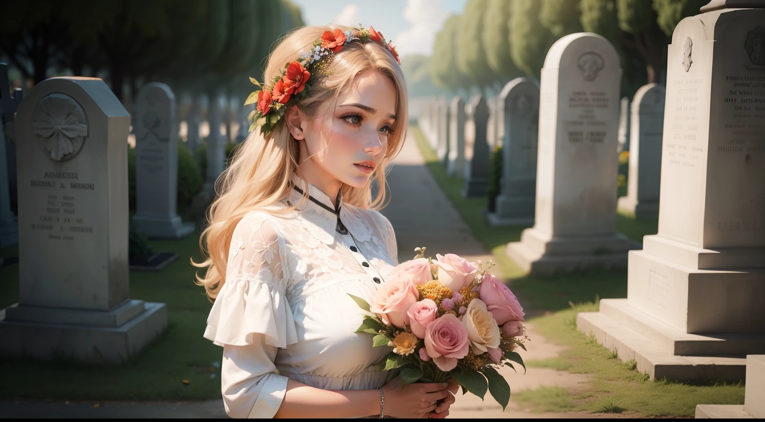 Woman holding a bouquet of flowers in a cemetery, Velha, old woman, an old lady, com flores, mulher mais velha, um idoso, mulher idosa, idoso, 8k)), 🌺 CGSetnation, parecendo velho, com flores congeladas ao seu redor, carregando flores, this is beautiful, Segurando flores, Directed by: Aleksandr Gerasimov