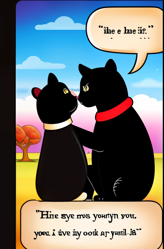 "Generate a charming love card cartoon of a black cat passionately kissing a bear."