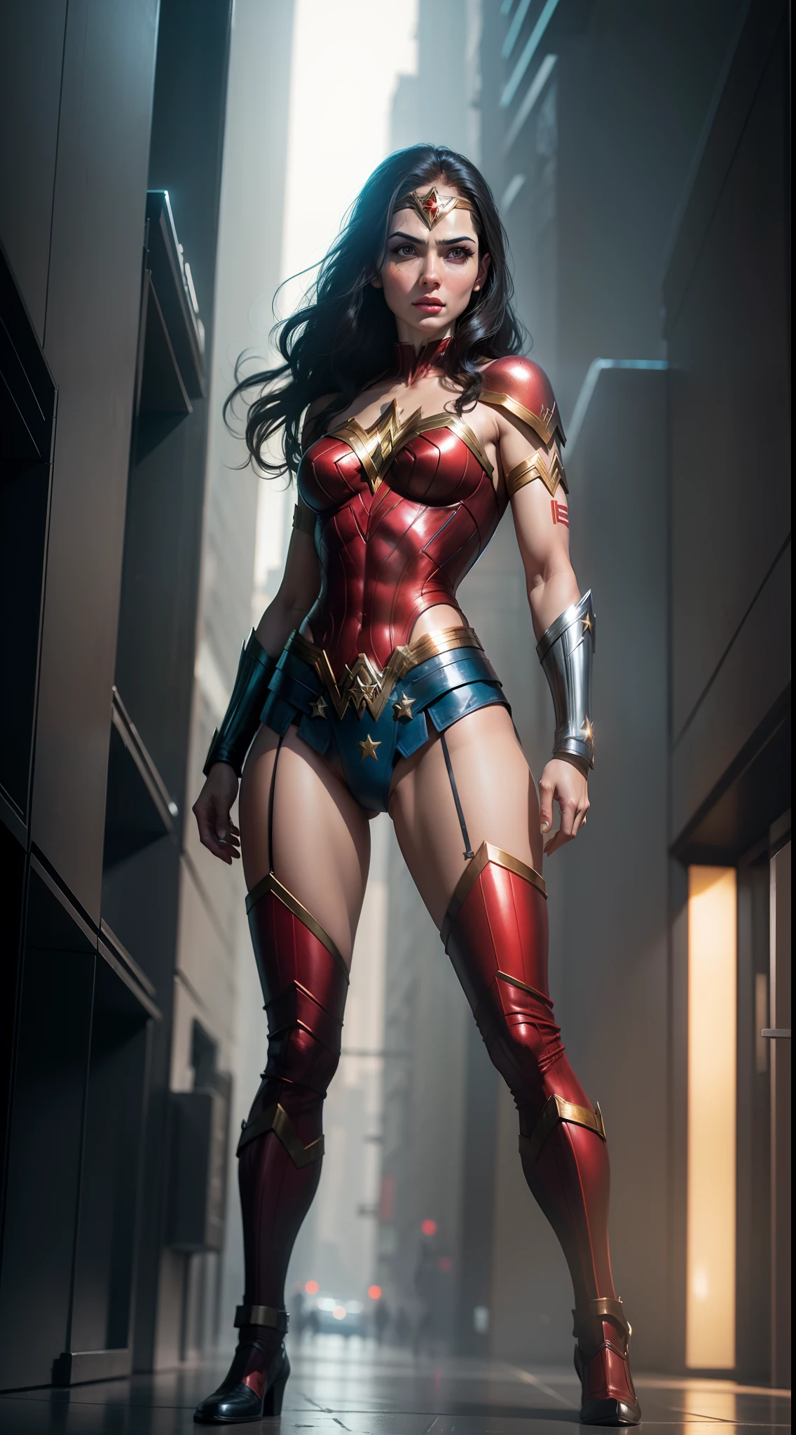 wonder woman, linda, traje estilo cyberpunk, estilo Alex Ross, standingn, ((corpo inteiro)), realista, alta qualidade