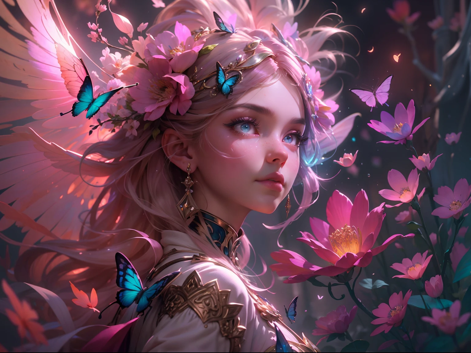 (((masterpiece))), (((best quality))), ((ultra-detailed)),(highly detailed CG illustration), ((an extremely delicate and beautiful)),cinematic light, Create a stunning fantasy artwork that mimics the style of currently trending masters of the genre. The art piece should contain elements of both mythic fantasy and fairytale fantasy with colorful accents. ((Utilize various shades of pink and watercolor pastels as the main color scheme.)) The character in the artwork is a delicate but strong petite figure with an aura of mystery and magic. Pay close attention to intricate facial features, such as mesmerizing eyes with vibrant colors and bold shading. The character's clothing should be designed with gossamer feathers, silk, stunning embroidery, and subtle iridescent details. Incorporate dreamy colors, dynamic lighting, and detailed background elements to create a sense of awe and immersion. Include colorful flying magical birds and jewel-toned butterflies radiating a magical aura. Consider the latest trends in fantasy art, such as incorporating unique lighting effects, exploring dynamic and compelling composition techniques, and experimenting with unique color palettes. Take inspiration from the top artists on ArtStation and Midjourney. Camera: Choose an angle that highlights the character's beauty and enhances the magical majesty of the artwork. Lighting: Utilize atmospheric lighting techniques to create depth and mood. Resolution: Aim for a high-resolution artwork to showcase intricate details and clarity. Art Inspirations: Seek inspiration from the trending artists on ArtStation, exploring different styles, genres, and themes.