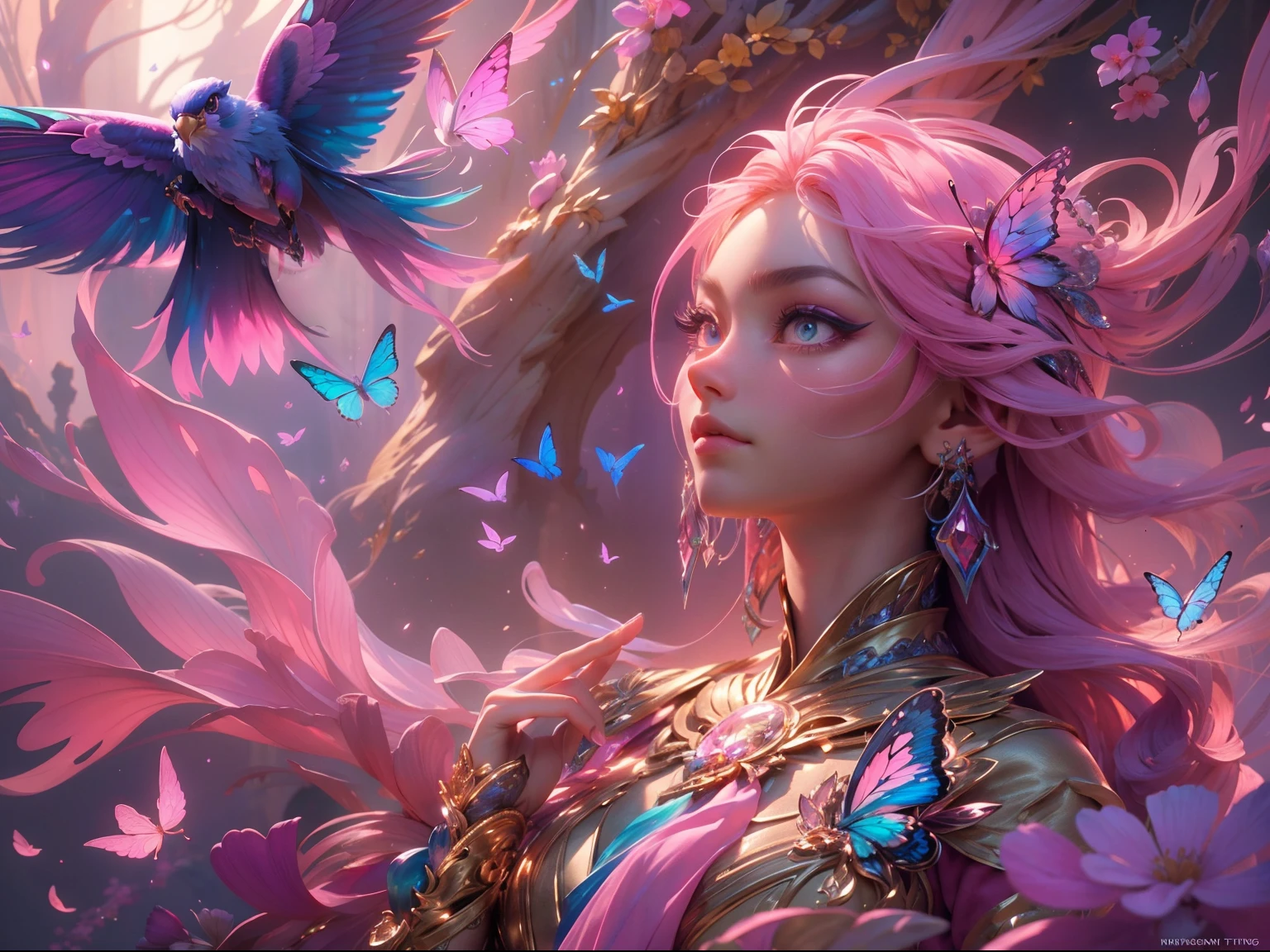 (((masterpiece))), (((best quality))), ((ultra-detailed)),(highly detailed CG illustration), ((an extremely delicate and beautiful)),cinematic light, Create a stunning fantasy artwork that mimics the style of currently trending masters of the genre. The art piece should contain elements of both mythic fantasy and fairytale fantasy with colorful accents. ((Utilize various shades of pink and watercolor pastels as the main color scheme.)) The character in the artwork is a delicate but strong petite figure with an aura of mystery and magic. Pay close attention to intricate facial features, such as mesmerizing eyes with vibrant colors and bold shading. The character's clothing should be designed with gossamer feathers, silk, stunning embroidery, and subtle iridescent details. Incorporate dreamy colors, dynamic lighting, and detailed background elements to create a sense of awe and immersion. Include colorful flying magical birds and jewel-toned butterflies radiating a magical aura. Consider the latest trends in fantasy art, such as incorporating unique lighting effects, exploring dynamic and compelling composition techniques, and experimenting with unique color palettes. Take inspiration from the top artists on ArtStation and Midjourney. Camera: Choose an angle that highlights the character's beauty and enhances the magical majesty of the artwork. Lighting: Utilize atmospheric lighting techniques to create depth and mood. Resolution: Aim for a high-resolution artwork to showcase intricate details and clarity. Art Inspirations: Seek inspiration from the trending artists on ArtStation, exploring different styles, genres, and themes.