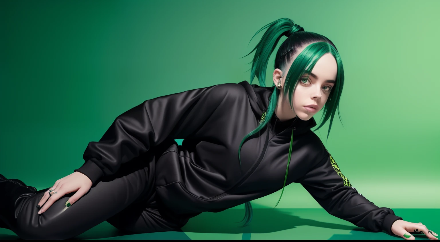 billie eilish, green hair with black, side pose!, beautiful body, nice smile, wearing sexy black tracksuit with green accessories