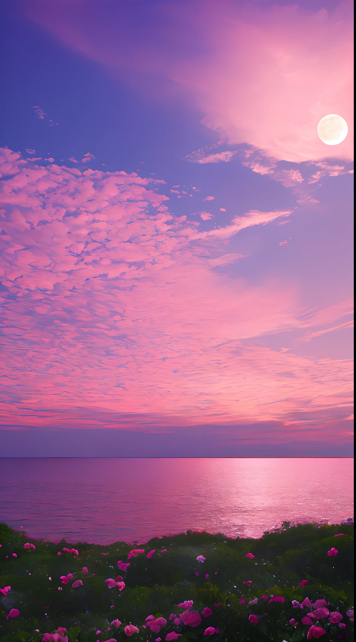 Pink moon, pink sky, soft pink clouds, pink ocean waves sparkling, sparkling, pink roses on pink ocean, fantasy, diamond, crown, universe, soft lights,
