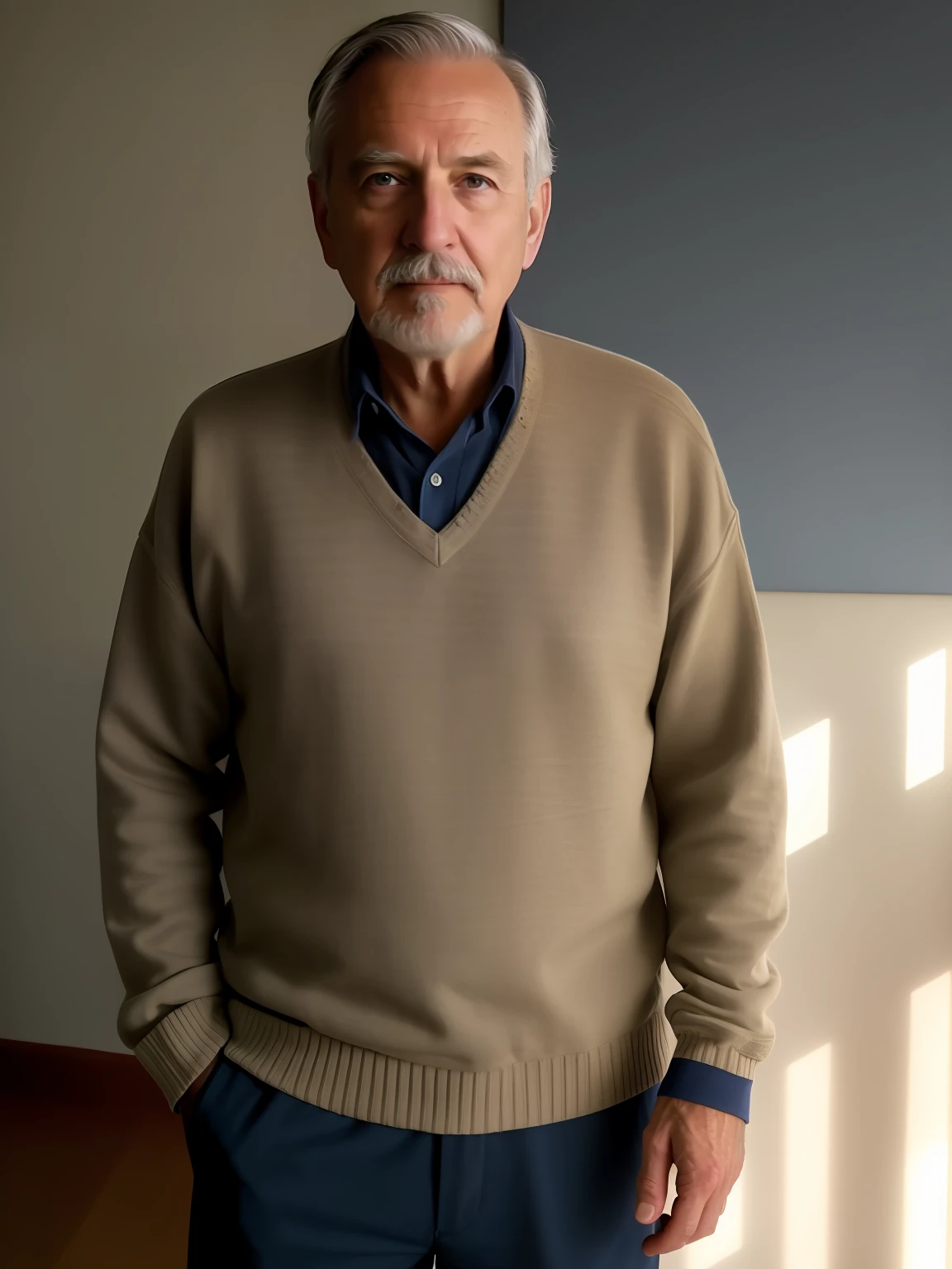 (masterpiece, photorealistic, raw,:1.4), (extremely intricate:1.2), close up, cinematic light, sidelighting, ultra high res, best shadow, RAW, upper body, old man, wearing pullover,