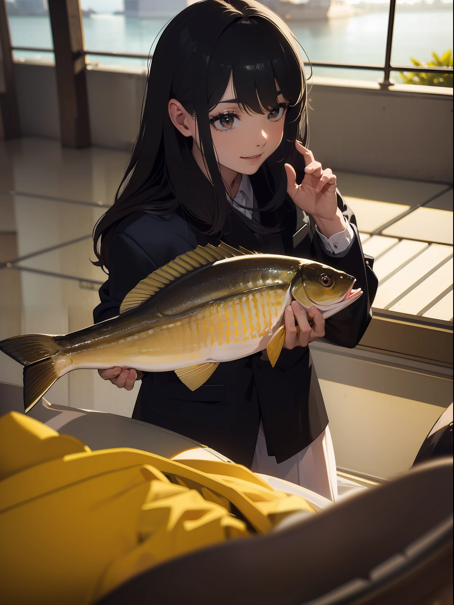 ((((Catch a big black bass by the highland lakeside)))),((Best Quality, masutepiece :1.3)),((( Large Mouth Bass))),hight resolution,ultra-detailliert,Official art,Beauty and aesthetics,​masterpiece,best qualtiy,ighly detailed,(1 Japanese woman),Black hair, long eyeslashes, Solid Circle Eyes, smile, drop shadow, Atmospheric perspective,Super Detail, ccurate, Best Quality, small brest,(Black jacket :1.1),top-quality, Hi-Res, absurderes:1.2, blurry backround, bokeh dof:1.2, a picture, (Raw photography:1.2), (Photorealsitic:1.4), (​masterpiece:1.3), (intricate detailes:1.2), Atmospheric perspective,Super Detail, ccurate, Best Quality,