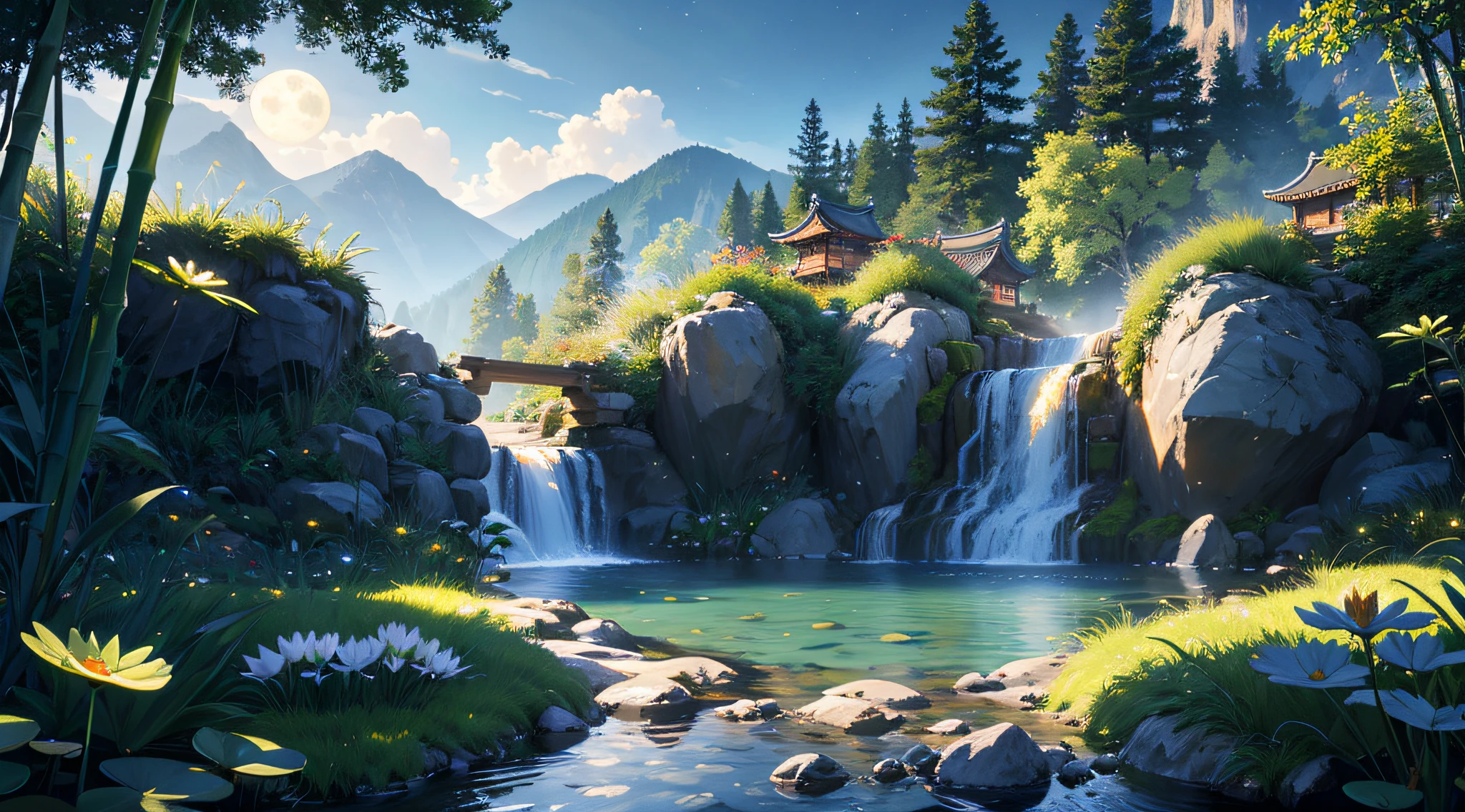 Ancient Chinese architecture, moon, midnight, garden, bamboo, lake, stone bridge, rockery, arch, corner, tree, running water, landscape, outdoor, waterfall, grass, rock, water lily, hot spring, water vapor, (Illustration: 1.0), Epic Composition, Realistic Lighting, HD Details, Masterpiece, Best Quality, (Very Detailed CG Unity 8k) --v 6