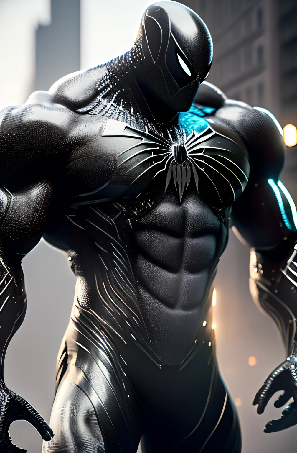 (8k, foto RAW, melhor qualidade, obra-prima: 1.2), ultra detalhado, arte oficial, foto-realista: 1.37, spider man, black suit, spider in the center of your chest in white, bodybuilder, huge, muscular, prominent and marked (abdominal) muscles, organic looking clothing, gooey testura, symbiote, white eyes, fine art, PS5 cinematic screenshot,highly detailed detailed cinematic rendering, ultra photorealistic raytricing, with cinematic lightingaction pose, image from head to knees, city, cityspace, looking at viewer