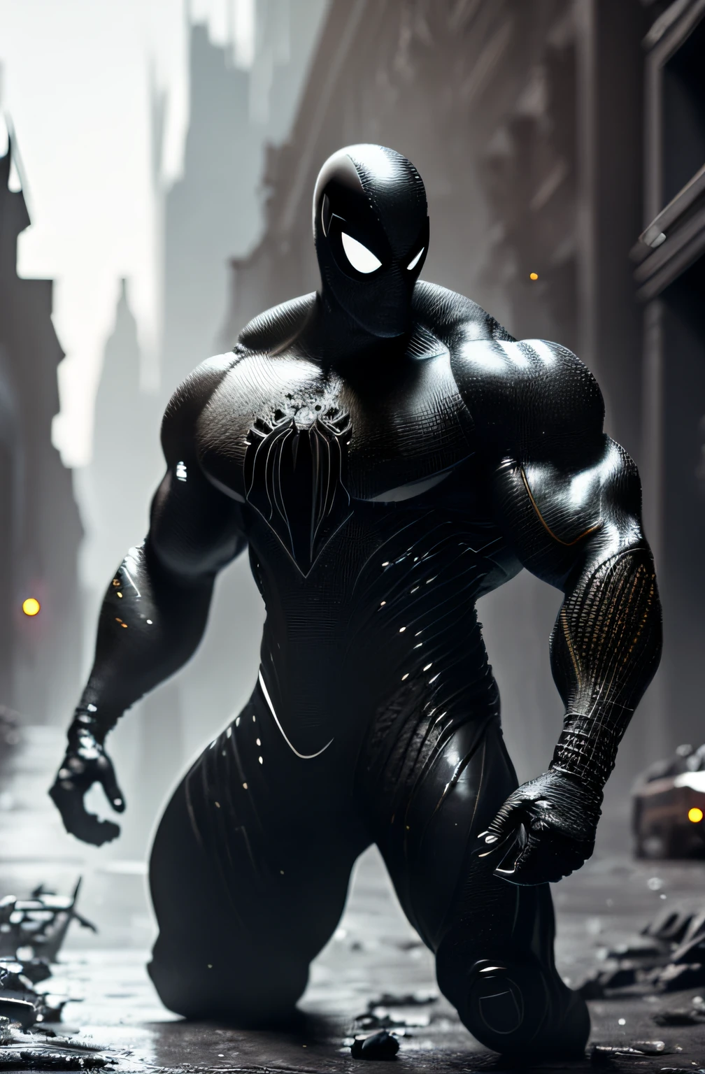 (8k, foto RAW, melhor qualidade, obra-prima: 1.2), ultra detalhado, arte oficial, foto-realista: 1.37, spider man, black suit, spider in the center of your chest in white, bodybuilder, huge, muscular, prominent and marked (abdominal) muscles, organic looking clothing, gooey testura, symbiote, white eyes, fine art, PS5 cinematic screenshot,highly detailed detailed cinematic rendering, ultra photorealistic raytricing, with cinematic lightingaction pose, image from head to knees, city, cityspace, looking at viewer