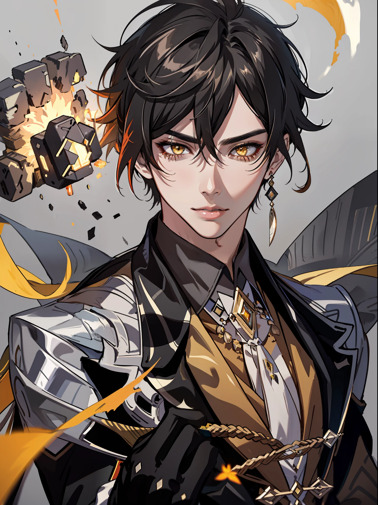 masterpiece, best quality,zhongli (genshin impact), male focus, jewelry, long hair, 1boy, solo, earrings, bangs, gloves, ponytail, black gloves, multicolored hair, brown hair, hair between eyes, single earring,  jacket, tassel earrings, long sleeves, tassel, looking at viewer, yellow eyes, glowing eyes, gradient hair, suit, black hair,  (grey background:1.4),(kbxll:0.6)