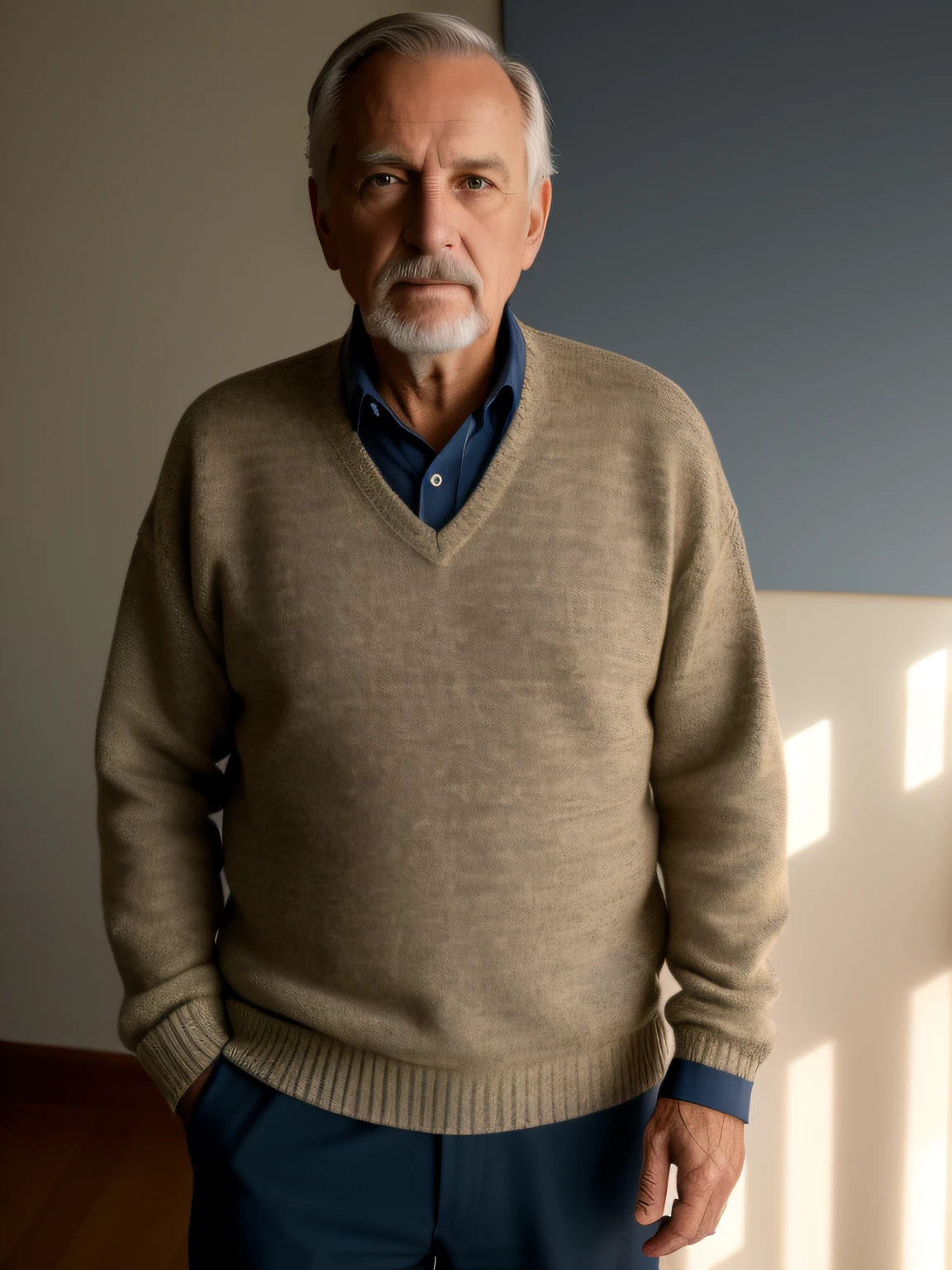 (masterpiece, photorealistic, raw,:1.4), (extremely intricate:1.2), close up, cinematic light, sidelighting, ultra high res, best shadow, RAW, upper body, old man, wearing pullover,