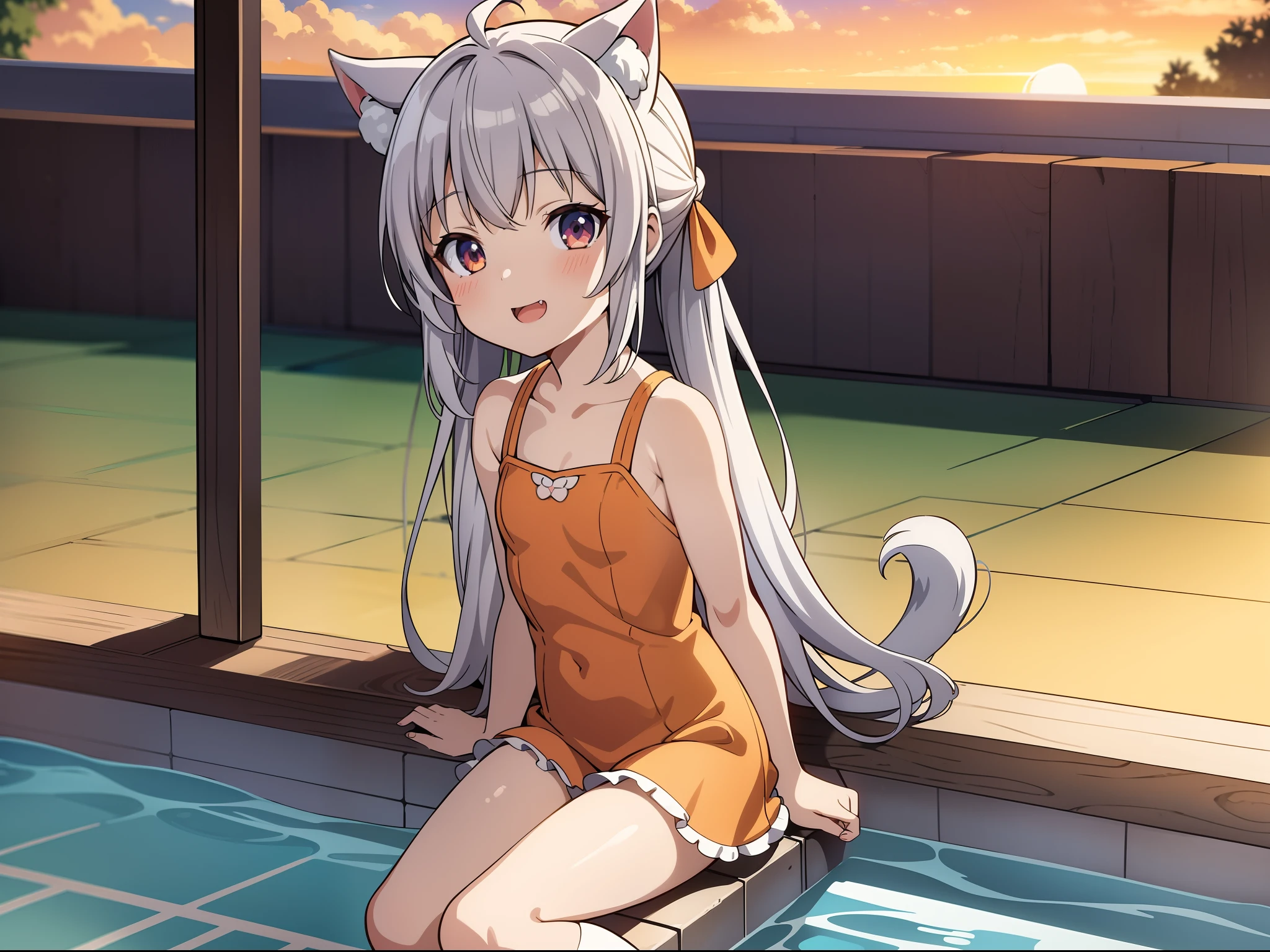 1girl, loli, small girl, solo, dog girl, dog ears, fluffy dog tail, wearing orange swimsuit, no shoes, feet visible, flat chest, silver hair, long hair, long twin tails, smiling, blushing, happy, pleased, white knee socks, laying on a ground, near pool, japanese school pool, city on background, sakura blossom, sunset, beautiful sky, beautiful clouds, 8k, masterpiece, detailed, detailed face, detailed eyes, shot from the top, looking at camera, cat pose, nyan, meow, meowing, mouth slightly open