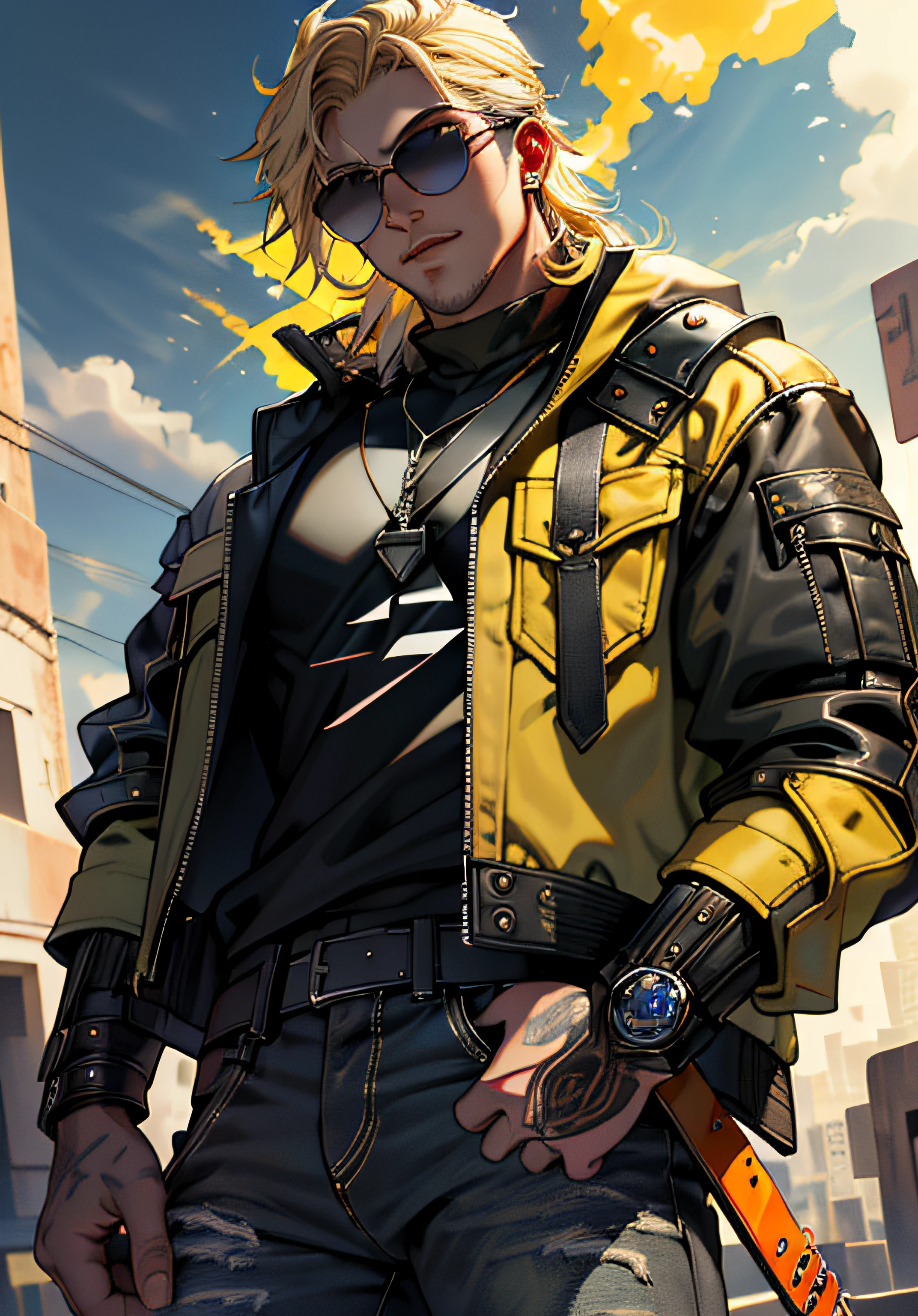 ((Melhore o rosto)), ((piece of master, obra prima, melhor qualidade)), ultra detalhado 8k, Absurdo, 1 Odin masculino, Solo wearing a studded motorcycle jacket and black jeans, (Posar: Thor), with sunglasses, raios ao redor de si, thunders, thunders , cabelo blond, cabelo longo, roupas pretas, vestes pretas, Nebula and smoke, Pano preto, tempo fechado, tempo nublado, Tempo escuro, Cidade, raios ao redor , com o planeta terra no fundo, cigarro na boca, ((With Electric Guitar Yellow in your hands)), Braceletes pretos cravejados.