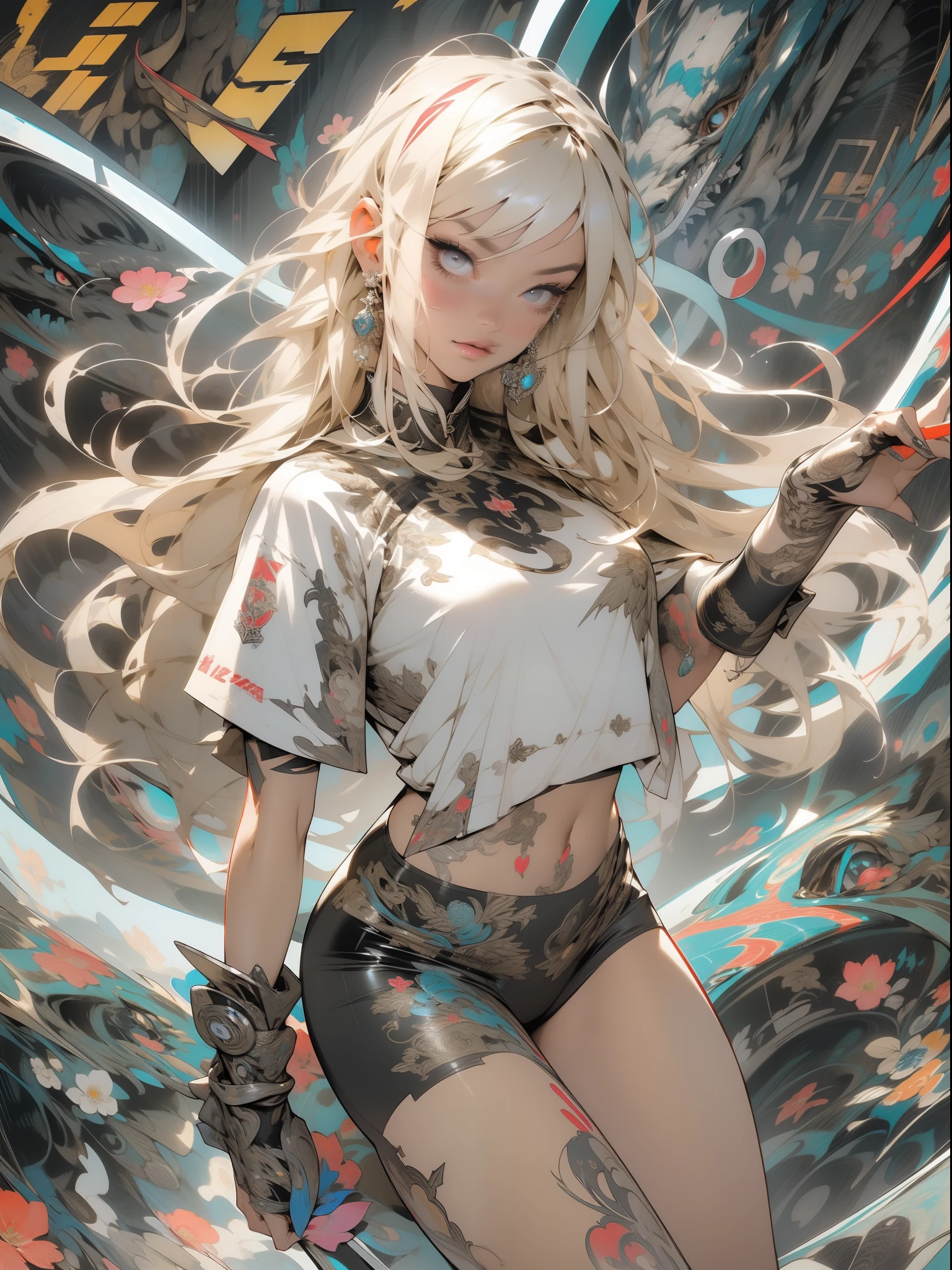 background, mixed-language_text, Japanese letters in graffit, girls, long blonde hair, excellent lighting, sidelighting, perfect ultimate (flat color: 1.3), (magazine_cover: 1.4), (multicolored_background: 1.3), striped_background, card_background, :: discs with sharp and shiny blades in the hand :: circular pieces of white metals glued to the ultra detailed arms coming out sparkling glow, black star design stamped in the middle of the shirt , perfect and detailed, ultra detailed shirt with abstract design and with Japanese letter print in graffiti on the sides of the clothes, image of girls with big breast, on top of a futuristic motorcycle, with immersive effects, hover effect, background graffiti style tribal tattoo with flowers and vibrant colors, "ultra HDR" detailed and with focus effect, (masterpiece: 1.2, best quality), (beautiful eyes with huge eyelashes finely detailed: 1.2), , ((Solo)), (Finely detailed eyes and detailed face :1.3), in various full-body attack poses, (cute background: 1.2),futuristic costume, super detailed circular metals Grabbed on arms and pants, fantastic paintings