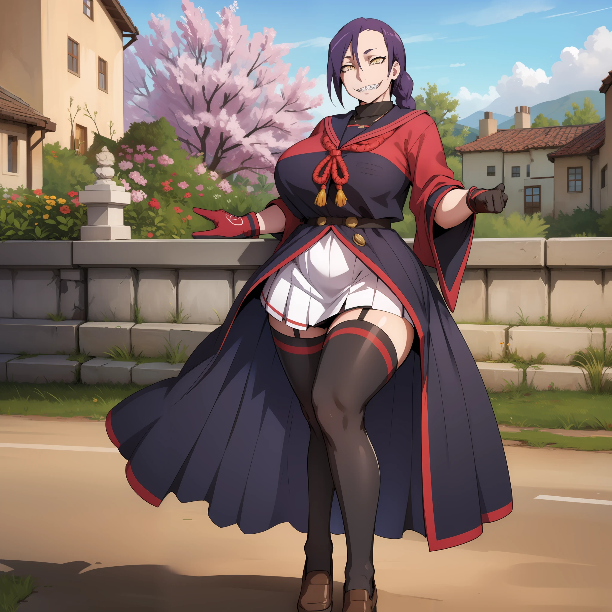masterpiece, best quality:1.2), cowboy shot, solo, 1girl, chikujoin magane, sharp teeth, evil grin, looking at viewer, hand on hip, single braid, school uniform, serafuku, pleated skirt, thighhighs, (gloves:1.1), huge breast, thicc, curvy, full body, long skirt, priestess, medieval village, full body, long skirt, europe, long dress, very long skirt, long dress, long robe, corsep