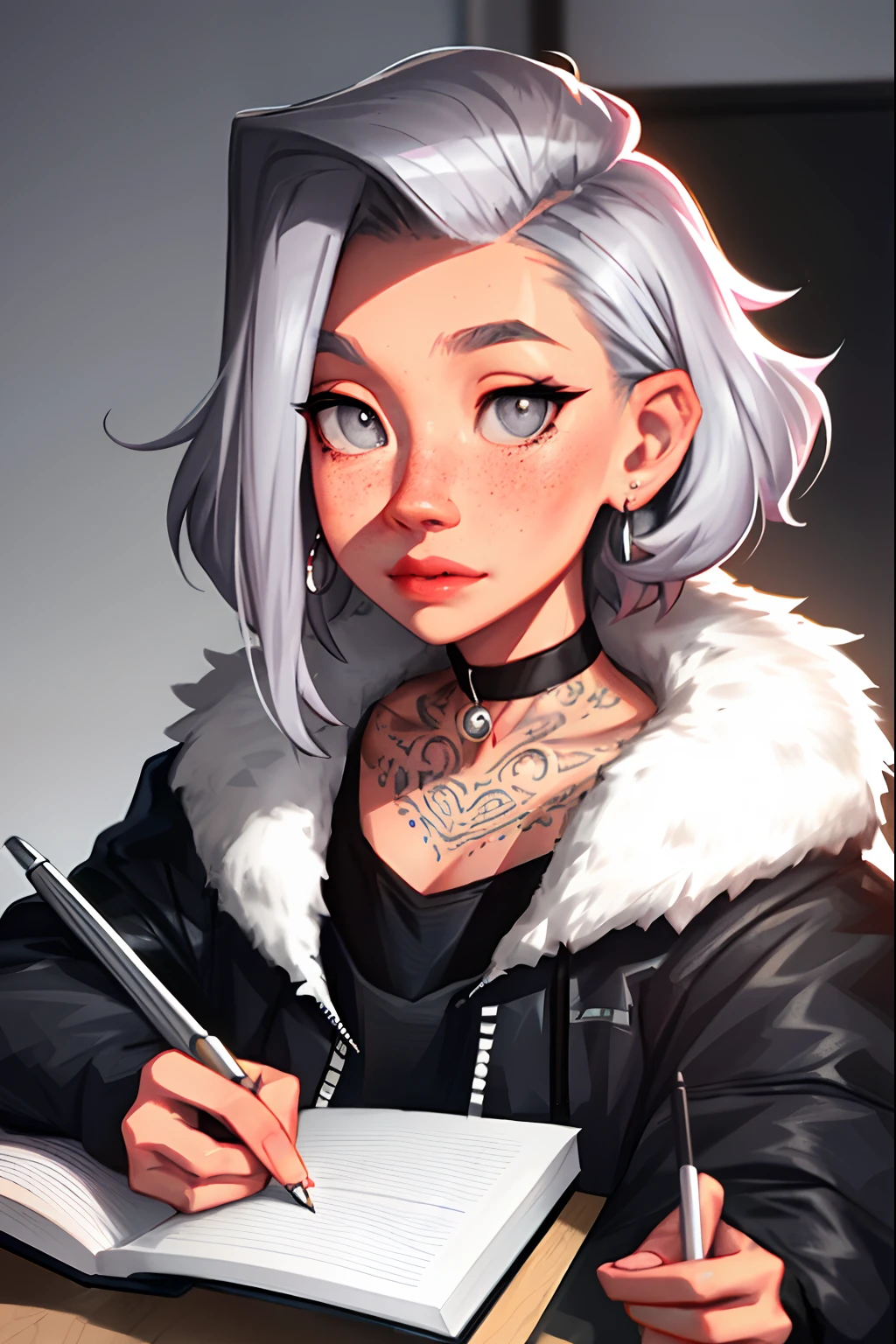 sam yang, 1woman, pink hoodie, grey eyes, silver hair, earrings, freckles, jewelry, lips, short curly hair, looking at viewer, black choker, parted lips, day, depth of field, solo, tattoos, nose piercing, septum, bored, writing on a notebook, ((masterpiece))
