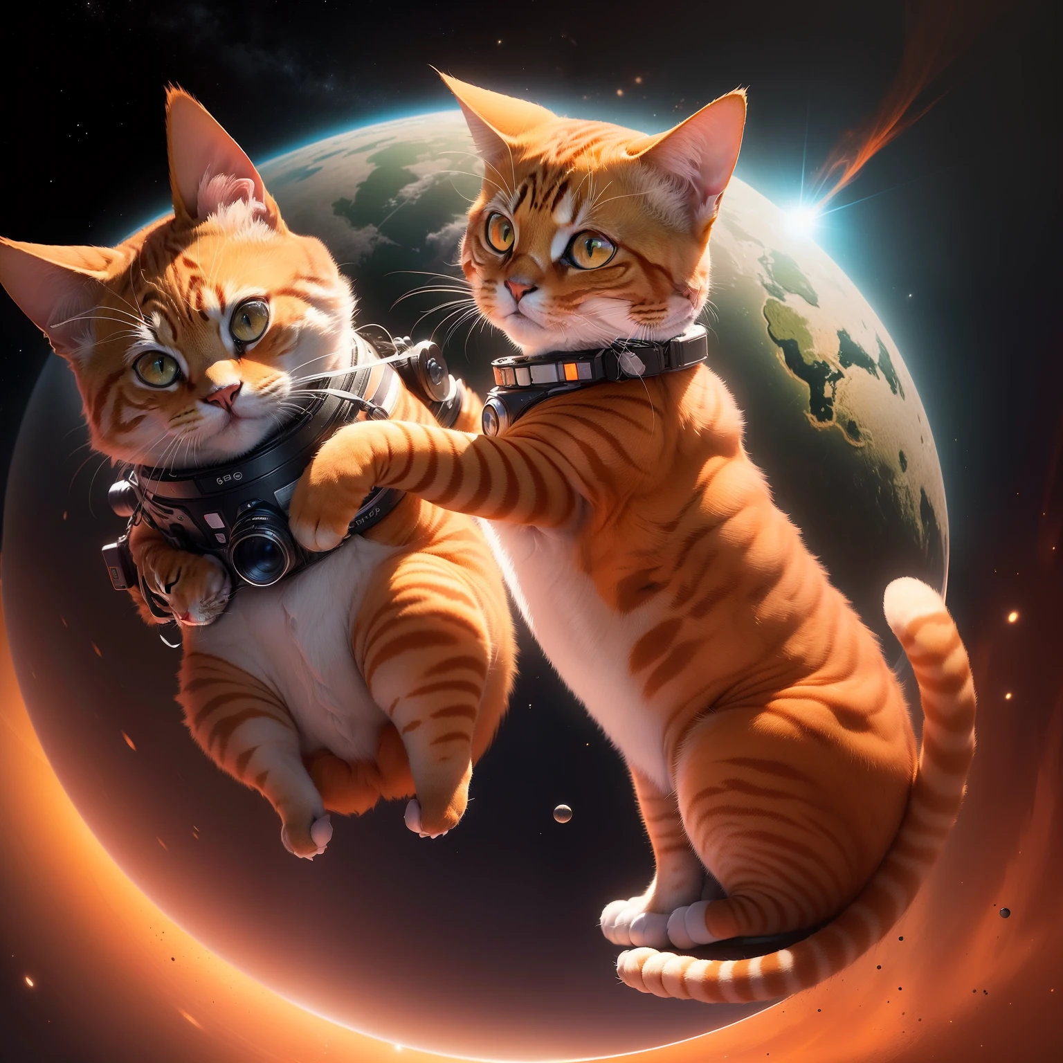 (fotorrealista:1.4), (obra-prima:1.3), (detalhes intrincados:1.2), an orange short-haired domestic cat, (vestindo um traje espacial:1.2), floating in the space, a terra ao fundo