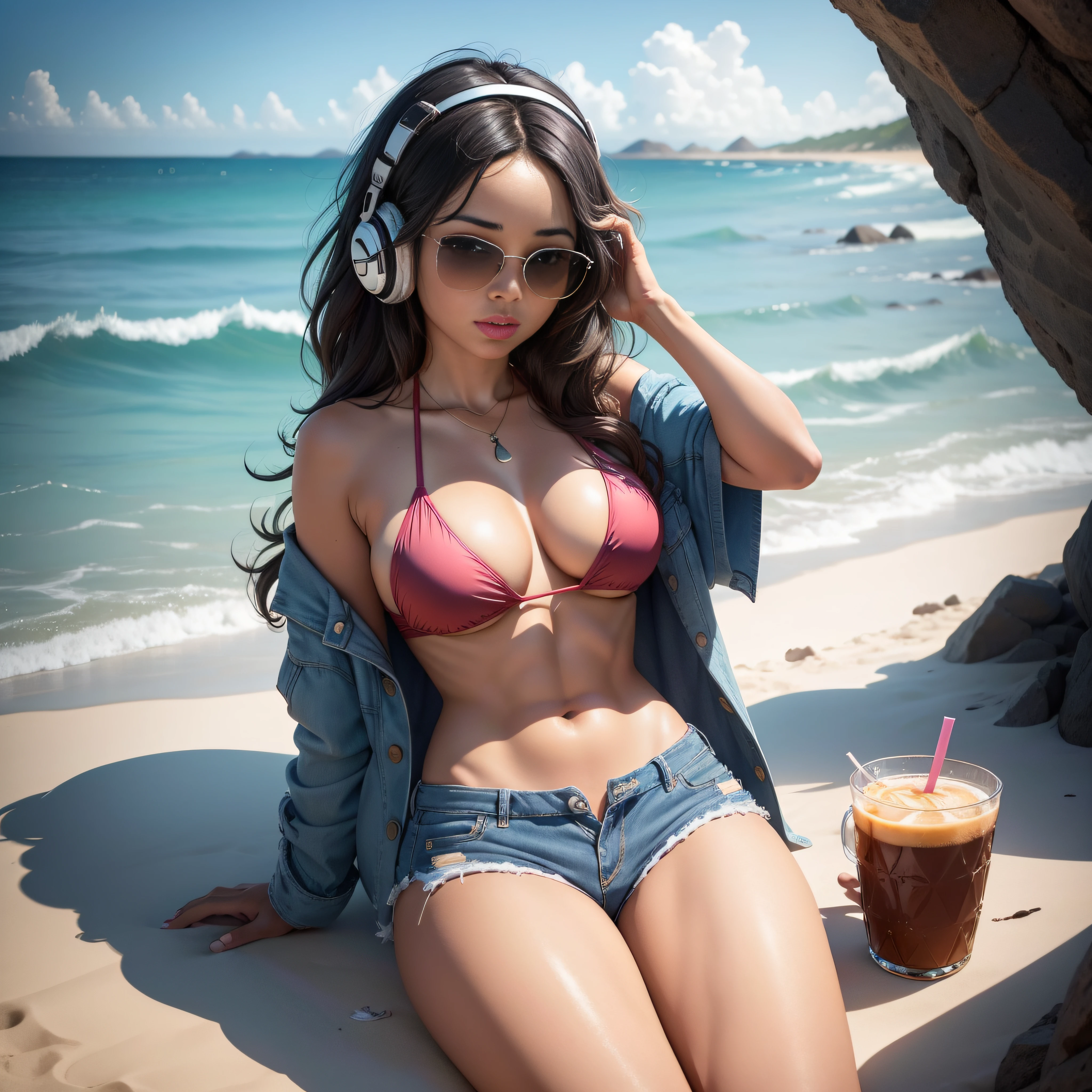 Generate an ultra-realistic image of a mulatto Brazilian woman in a sling-style bikini, sentada na praia. The bikini is an exquisite model, com um belo design. She's also wearing a two-piece pink swimsuit, que complementa seu visual elegante. Also a very revealing micro jeans shorts. The bikini is quite revealing, mas de bom gosto e estiloso. Certifique-se dos detalhes, such as the texture of bikini and shorts material and the shine of plastic, are accurately depicted. The woman is enjoying her time by the sea, listen to music through headphones. Capture the maritime environment around you, cristo reedentor ao fundo, with waves crashing gently on the shore and a serene beach setting. She's wearing sunglasses, sentada no deck de uma iate, bebendo um drink decorado.