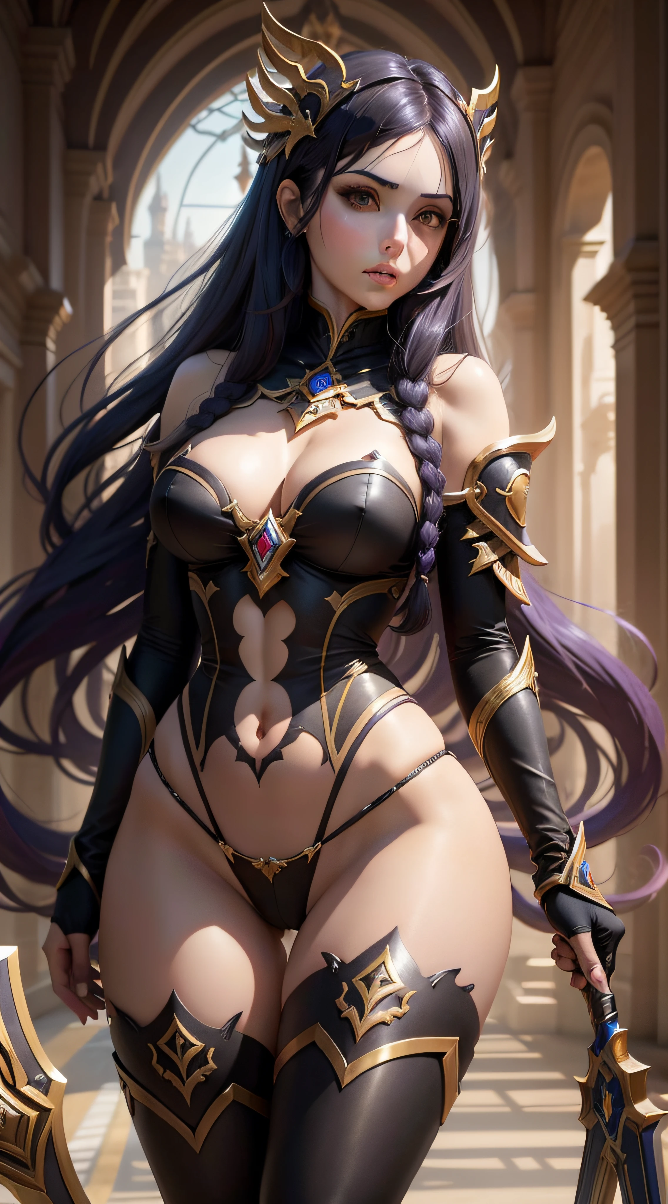 Irelia league of legends, obra maestra, mejor calidad, realista, 1girl, cabello morado, grande, piernas realistas, armadura sexy, Black lingerie, medias, tacones de aguja, en pleno crecimiento, dagas curvas flotando