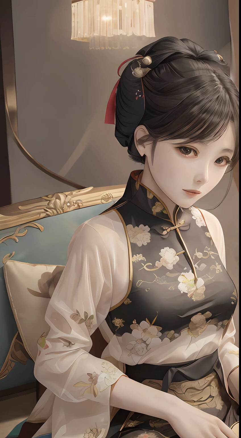 There was a woman，During the Republic of China，Clothing from the Republican period，Wearing a black cheongsam，on cheongsam，Sit dignified on the sofa，Bunched hair，The eyes are melancholy，Republic of China retro style，Black cheongsam，Vintage lighting，Light