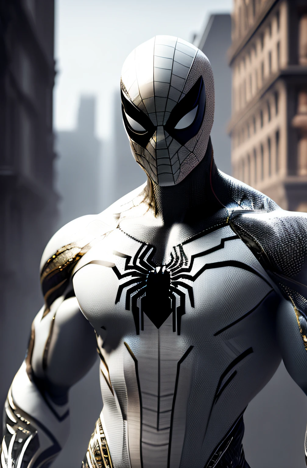 (8k, foto RAW, melhor qualidade, obra-prima: 1.2), ultra detalhado, arte oficial, foto-realista: 1.37, spider man, black suit, spider in the center of your chest in white, muscular, organic looking clothing, gooey testura, symbiote, white eyes, fine art, PS5 cinematic screenshot,highly detailed detailed cinematic rendering, ultra photorealistic raytricing, with cinematic lightingaction pose, image from head to knees, city, cityspace, looking at viewer