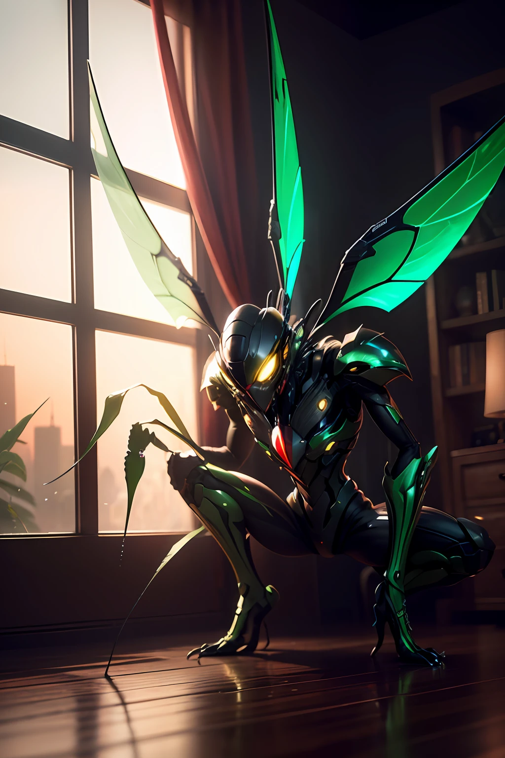(Extreme Detail CG Unity 8K wallpaper, masterpiece, highest quality), (Exquisite lighting and shadow, highly dramatic picture, Cinematic lens effect), [macro] photo of a [deadly alien mantis insect] , [glowing eyes, green] , [shiny, wet looking, reflective outer exoskeleton] , [fight defensive stance] , [landscape] , [sunset jungle tree] , [hdr indoor panorama] , [eye level ] , [8k cgi hyper realistic] , in style of [Javier Rupérez ](excellent detail, excellent lighting, wide angle), (excellent rendering, enough to stand out in its class), --auto