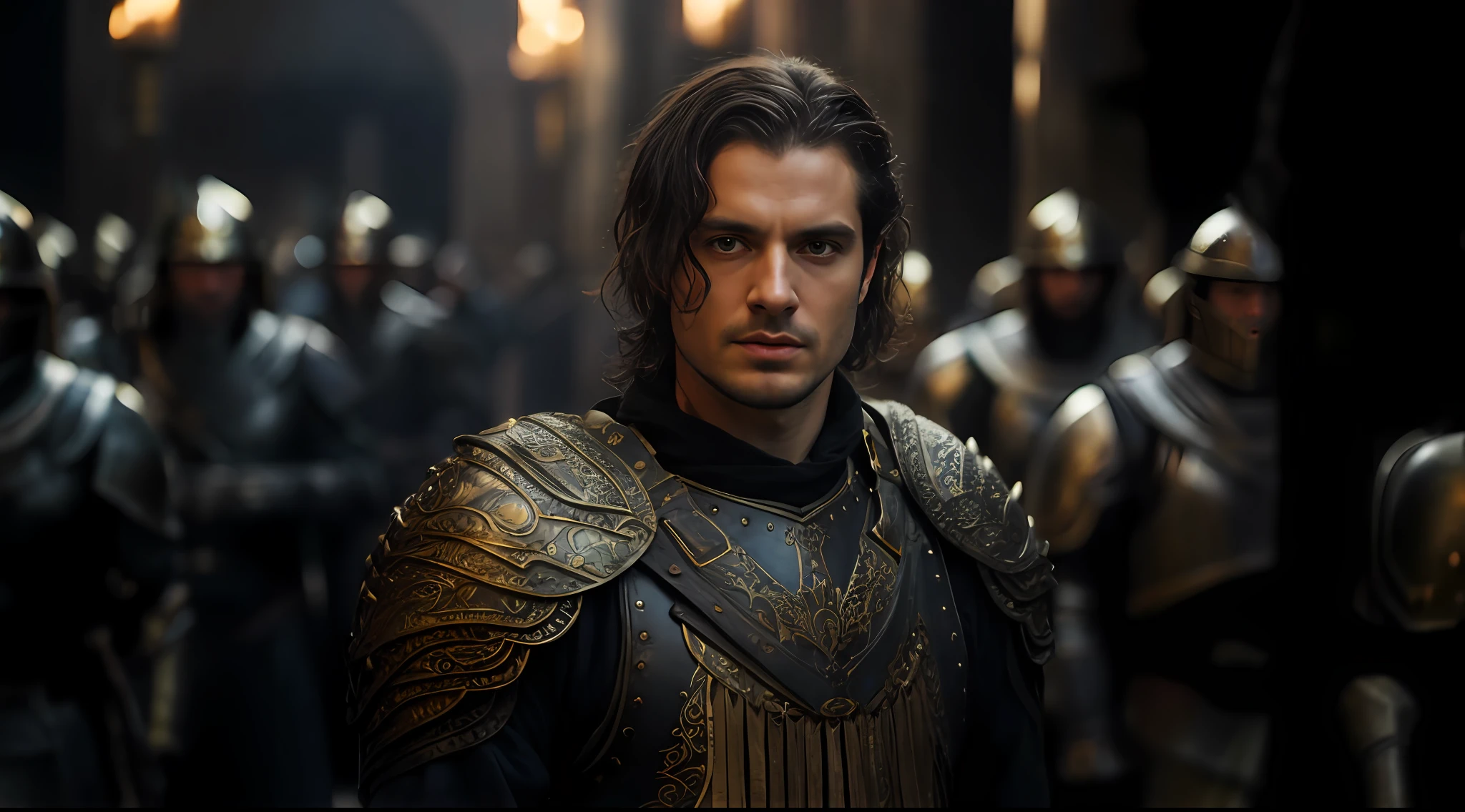 arafed image of a man in armor standing in dark light, rain, night, attractive male with armor, dark hair, a detailed matte painting by Arthur Pan, deviantart, baroque, attractive male with armor, paul atreides, paul atreides as emperor of dune, arsen lupin as a paladin, henry cavill as arthas menethil, fantasy movie still, film still from movie dune-2021, 4k textures, (film grain), volumetric lighting, dark background, dark fantasy, highly detailed, 24mm, sharp focus, shallow depth of field, blurry background, high contrast, dim colors, exposure blend, (dusty:1.3),