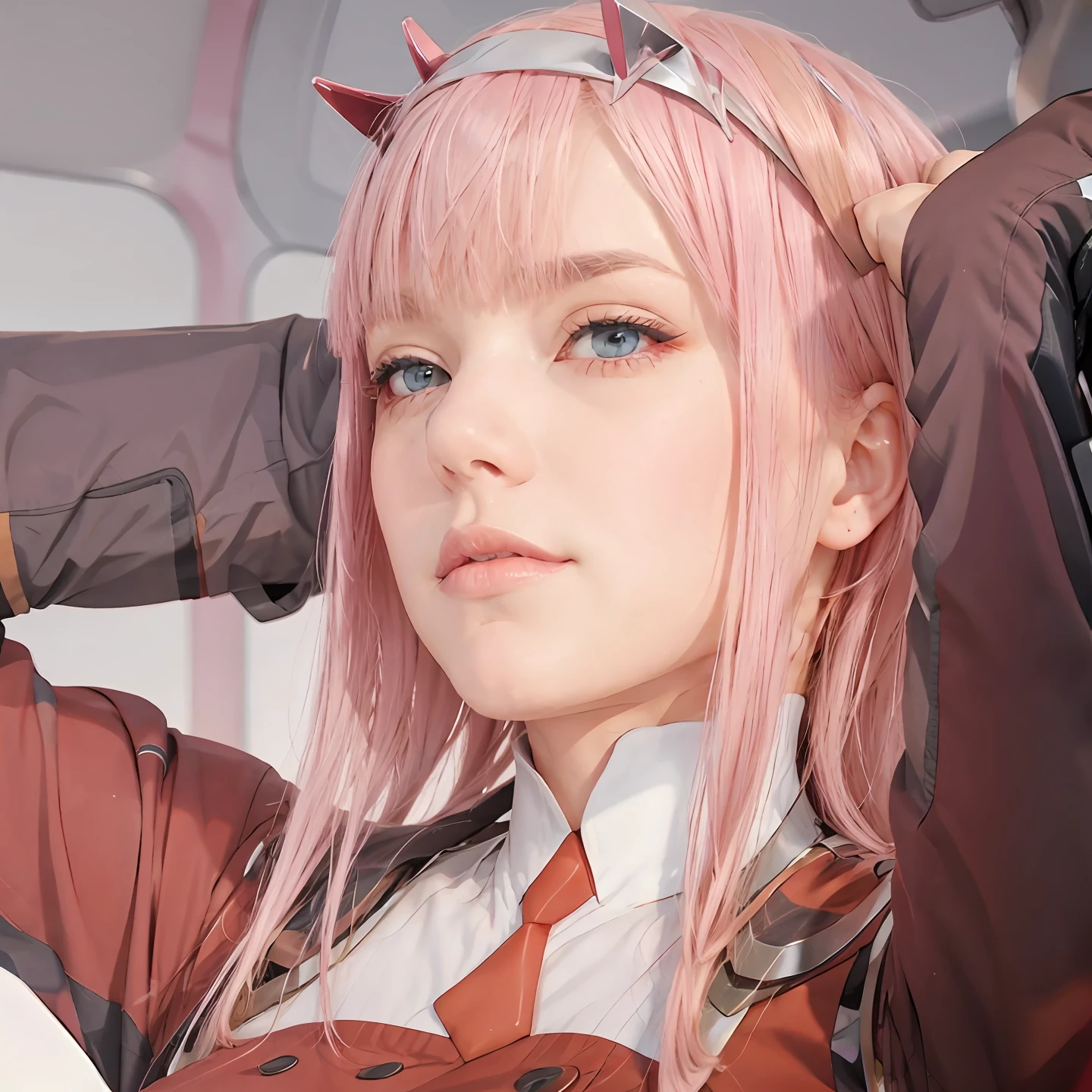 Pink hair, grey eyes, red uniform ,