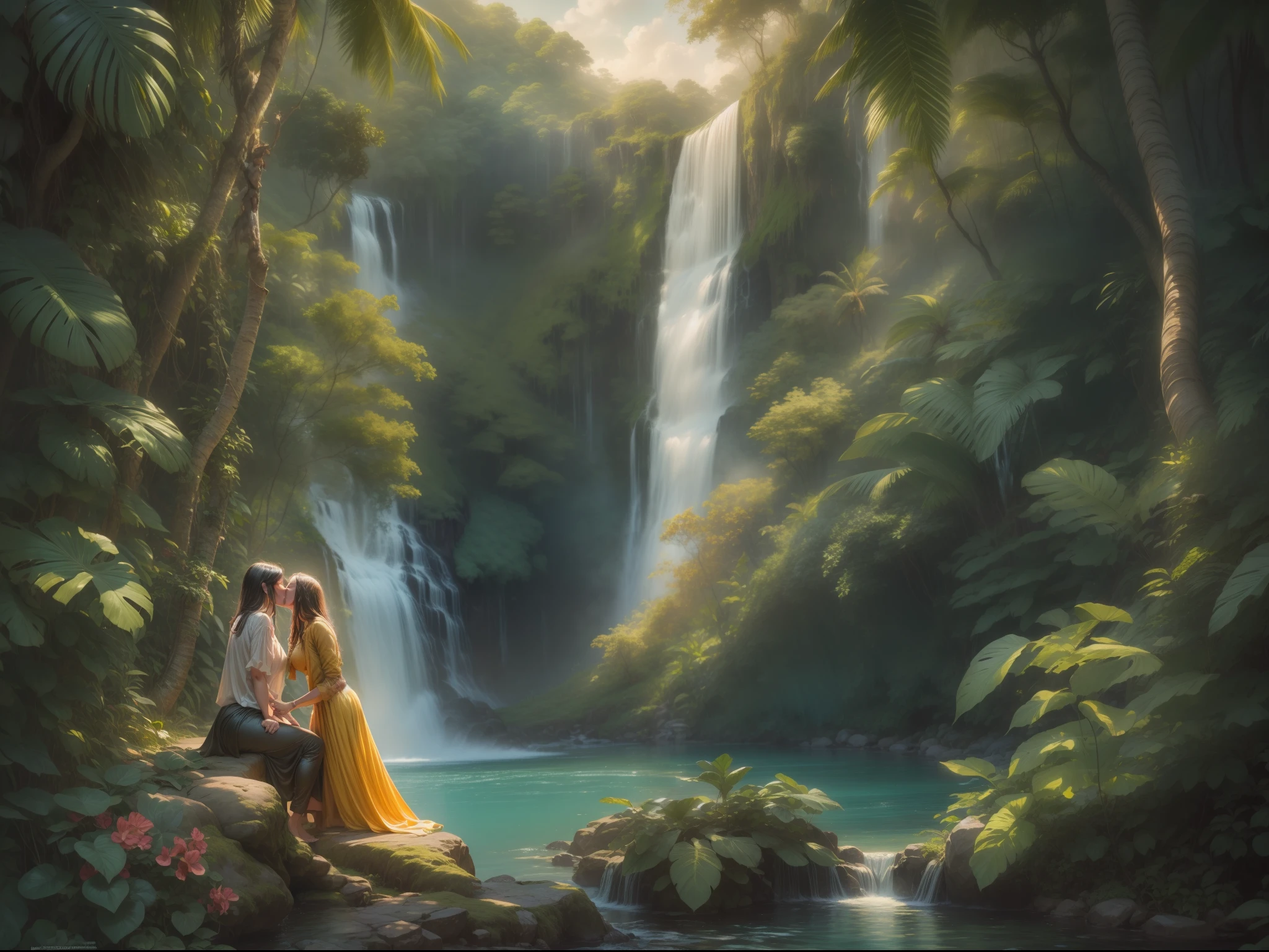 "(Two women:1.3, passionately kissing, majestic waterfall, secluded jungle paradise)"