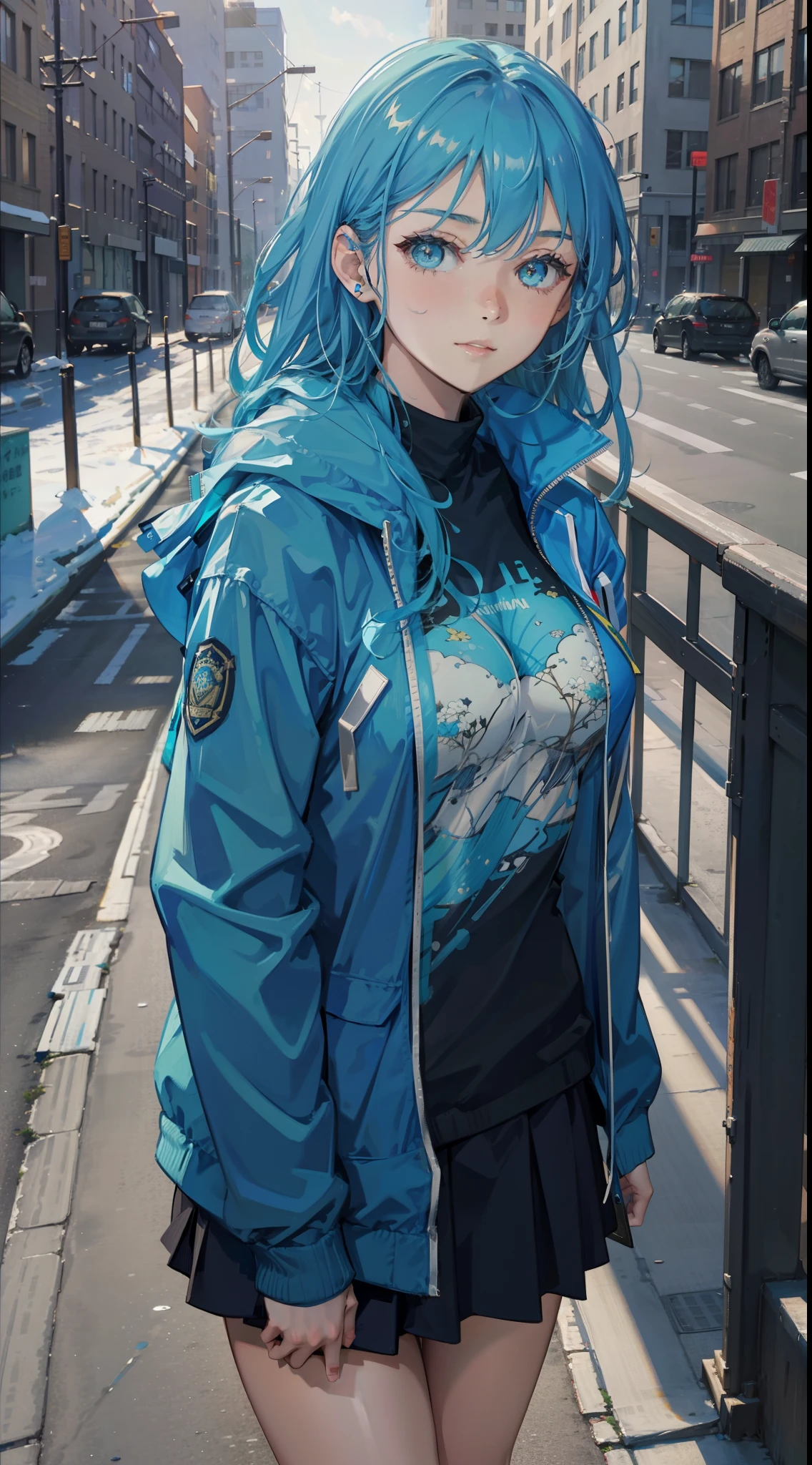 anime woman with blue hair, wearing shiny ocean blue adiddas jacket, in the city, lots of buildings behind her, night, city lights, dynamic light, close up