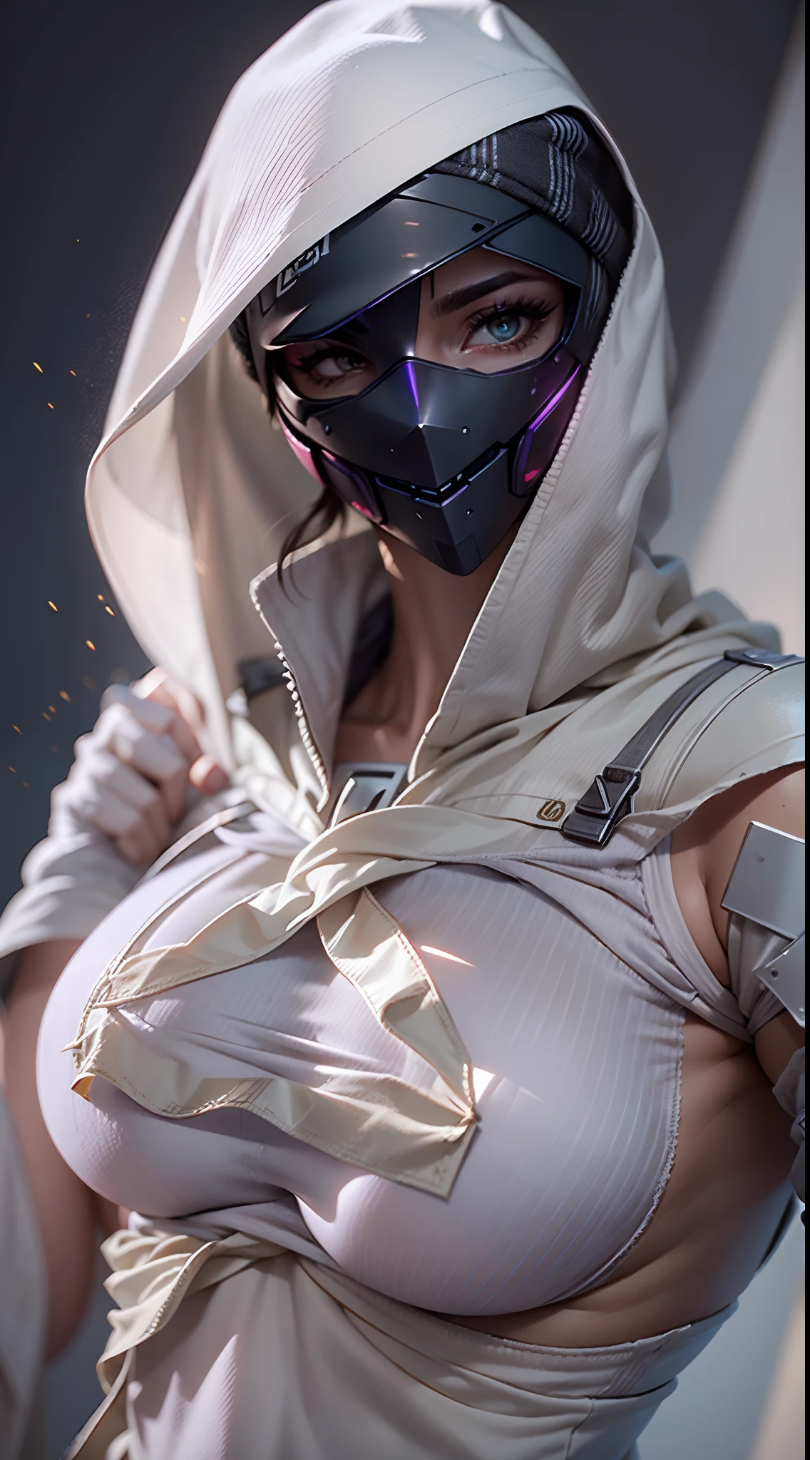 ((obra-prima, melhor qualidade, (extremamente detalhado CG unidade 8k papel de parede), (melhor qualidade), (best illustration), (melhor sombra), )) , Cosplay de Noob Saibot , mulher 20 anos , com sobretudo branco , capuz branco , roupas estilo ninja preto, mechanical arms