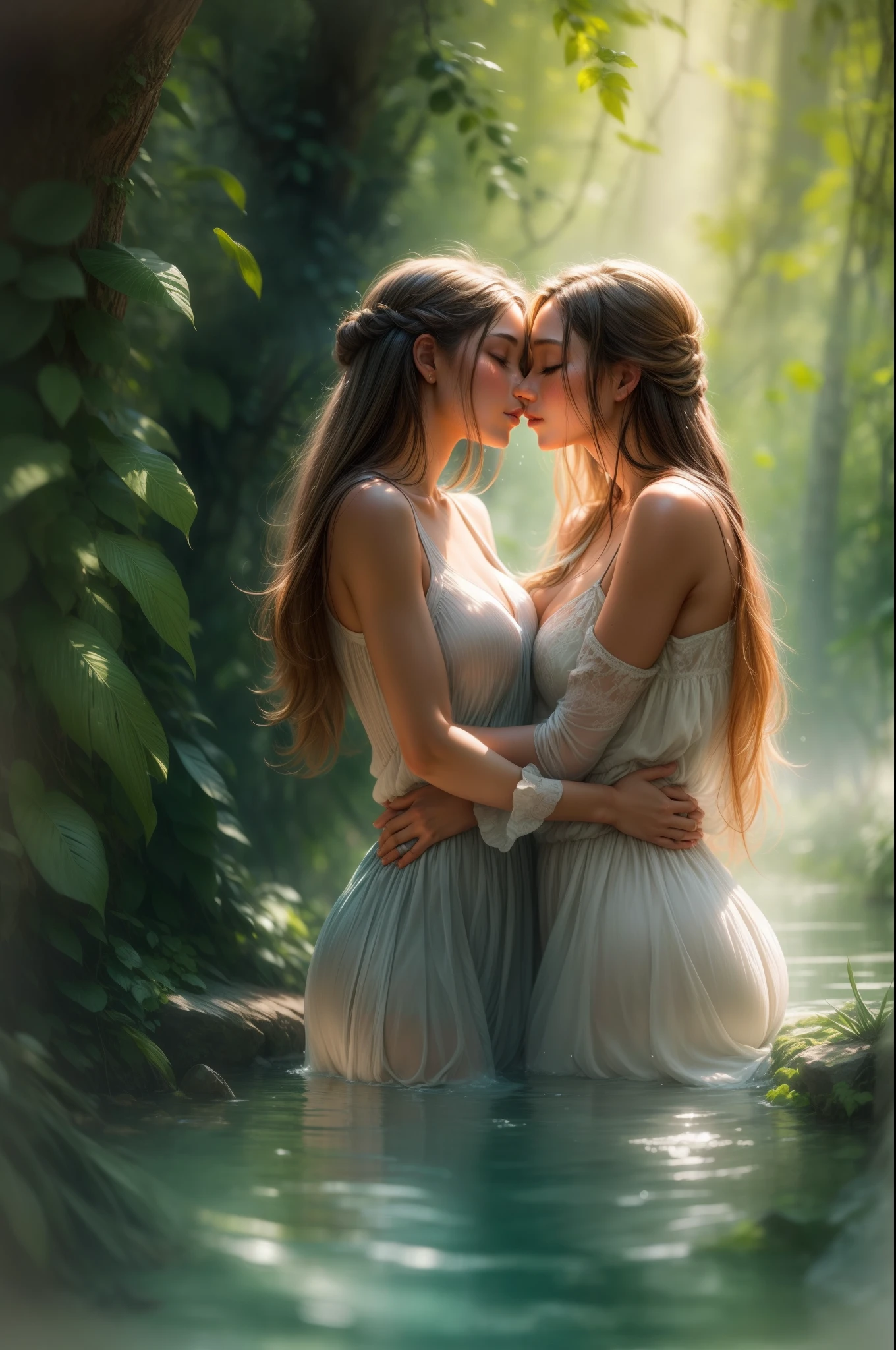 Two young women embracing under a cascading waterfall in a hidden jungle oasis, their lips meeting in a passionate kiss. Sunlight filters through the dense foliage, creating dappled patterns on their entwined bodies. Delicate droplets of water cling to their skin and glisten in the soft light. Their hands explore each other's curves with a sense of newfound desire, as the water's gentle roar masks their intimate whispers. An ethereal atmosphere of discovery and connection pervades the scene, captured in an impressionistic painting style, using watercolors and subtle textures to evoke emotion.