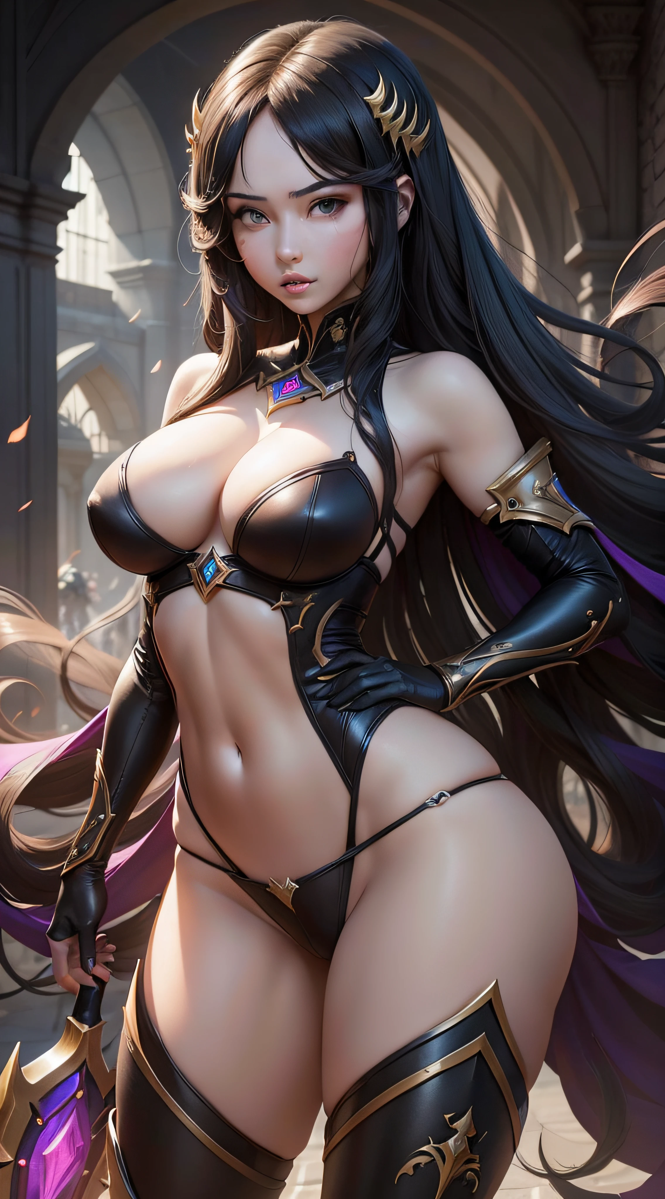 Irelia league of legends, obra maestra, mejor calidad, realista, 1girl, cabello morado, grande, piernas realistas, armadura sexy, Black lingerie, medias, tacones de aguja, en pleno crecimiento, dagas curvas flotando