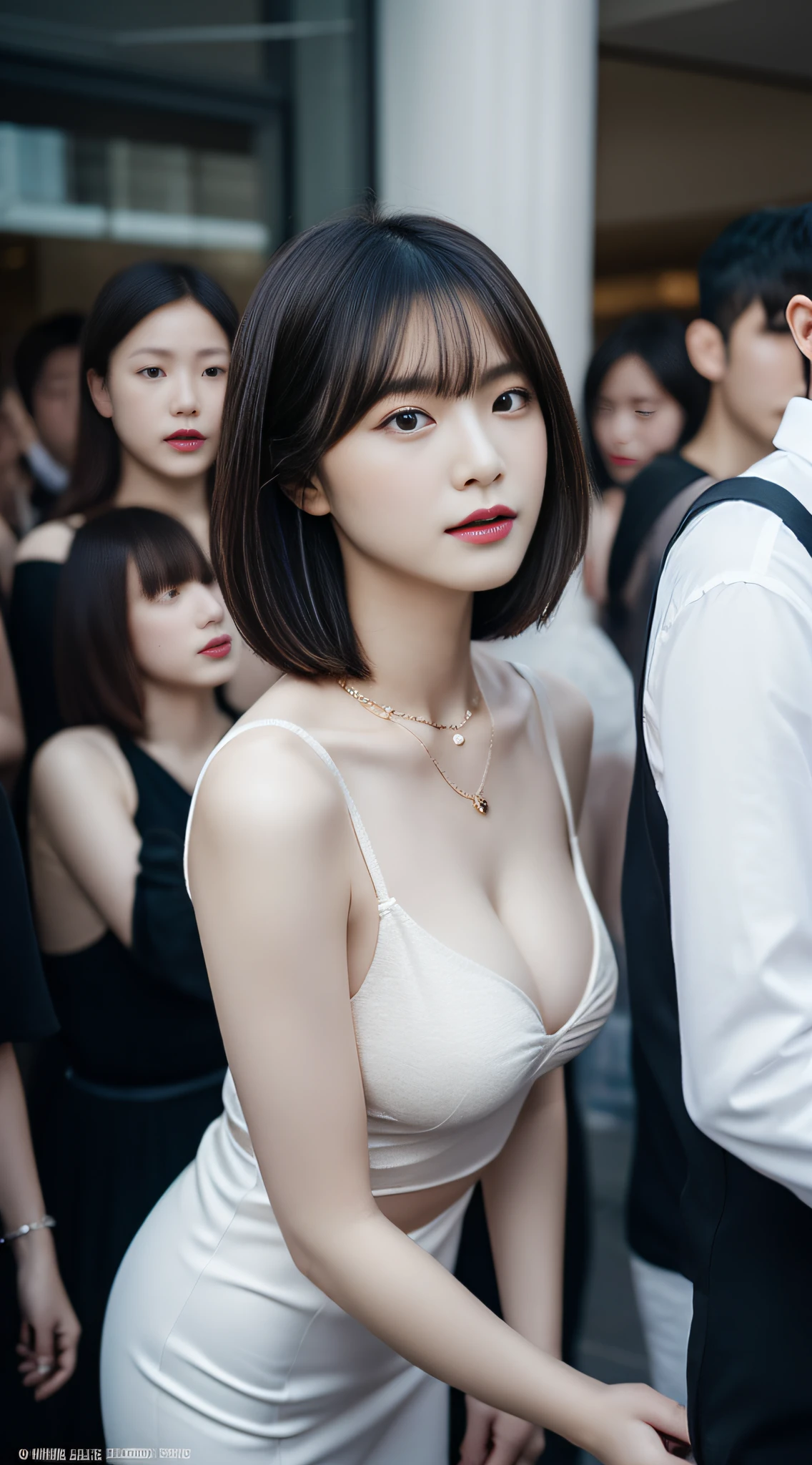 The 8k quality, Best Quality, Ultra-high resolution, masutepiece, Photorealistic, One girl, tense look, Trend Makeup, bob cuts, (Slit Dresses, Form Fit Clothing), Sexy, Cinematic lighting , main character, Super Slender, G Cup, (Do not wear underwear), The number of people who are about to be crushed in the crowd, Dynamism, Necklace, Magazine Cover, Only there