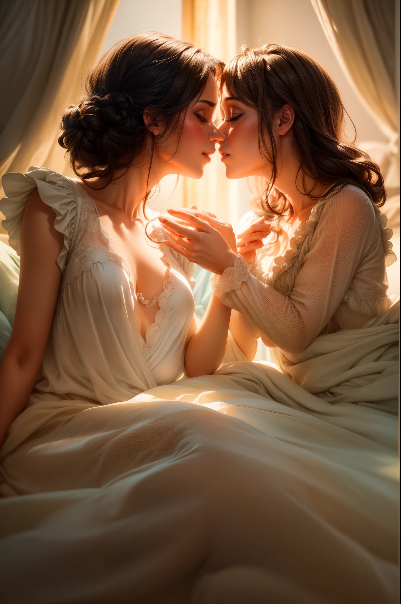 Two women sharing a passionate kiss in a cozy bed, adorned in silk nighties that shimmer softly in the dim light. Their eyes, wide open, reflect the intensity of the moment as they hold each other close. The room is suffused with the gentle glow of candlelight, casting warm shadows on the walls. The air is filled with a sense of intimacy and vulnerability, their connection palpable through their touch and the electricity in the air. Capture this scene in a soft and evocative illustration, with a focus on capturing their expressions and the interplay of light and shadow