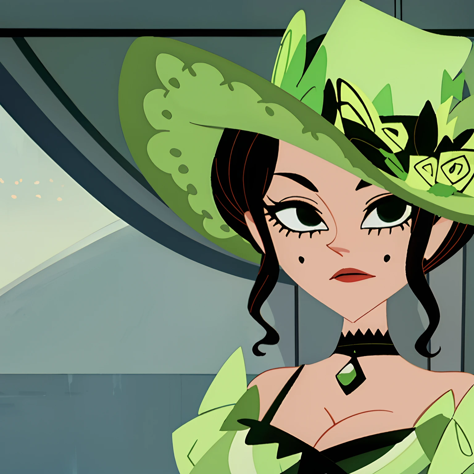 portrait, 1girl, solo, josephine, mature female, black eyes, green hat, one eyes covered, green dress, umbrella, masterpiece, intricate details, train station, flat style