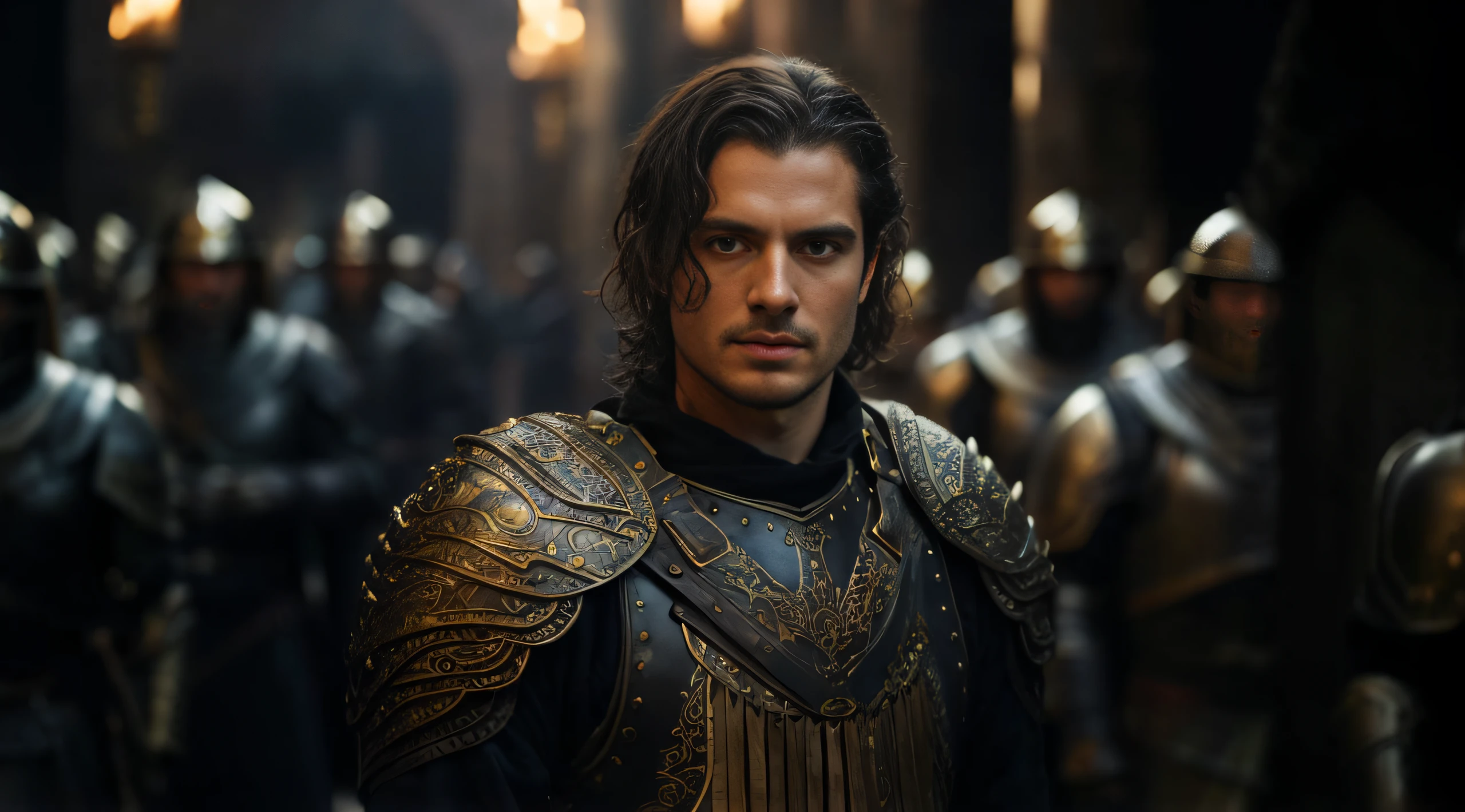 arafed image of a man in armor standing in dark light, rain, night, attractive male with armor, dark hair, a detailed matte painting by Arthur Pan, deviantart, baroque, attractive male with armor, paul atreides, paul atreides as emperor of dune, arsen lupin as a paladin, henry cavill as arthas menethil, fantasy movie still, film still from movie dune-2021, 4k textures, (film grain), volumetric lighting, dark background, dark fantasy, highly detailed, 24mm, sharp focus, shallow depth of field, blurry background, high contrast, dim colors, exposure blend, (dusty:1.3),
