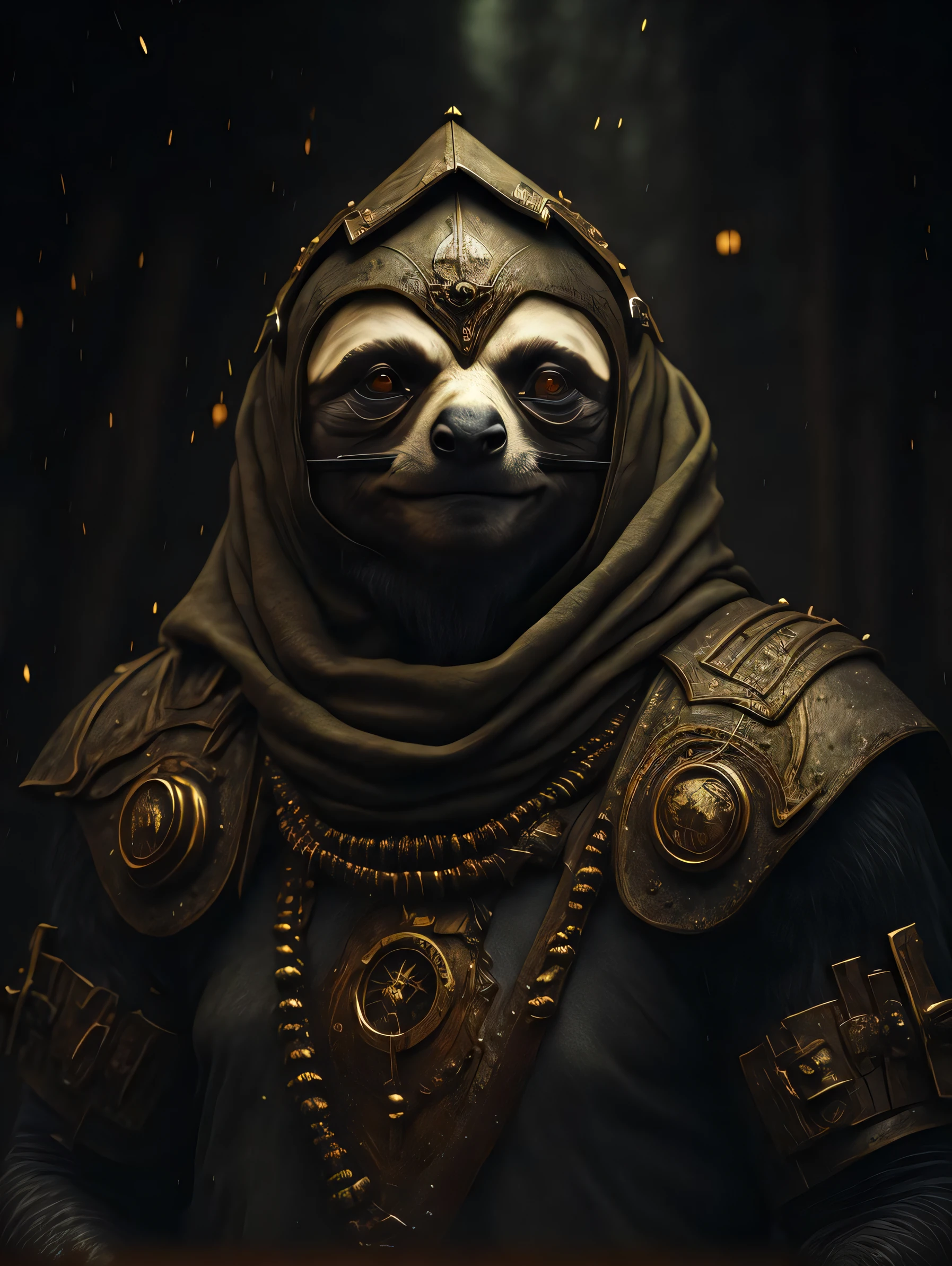 Sloth god, lazy,  closeup,  steampunk anthropomorphic , black plague mask,  Artstation illustrators, intricate details, face, full body portrait, dim light, illustration, UHD, 4K hyper realistic, tension, cold, highly detailed, sharp focus, professional, 8k UHD, cinematic, dark, violent, outdoor, River, battle, chase, dramatic, vivid, nervous vibe, render, epic, twilight, HDR, album cover, blizzard, lightning, cataclysmic