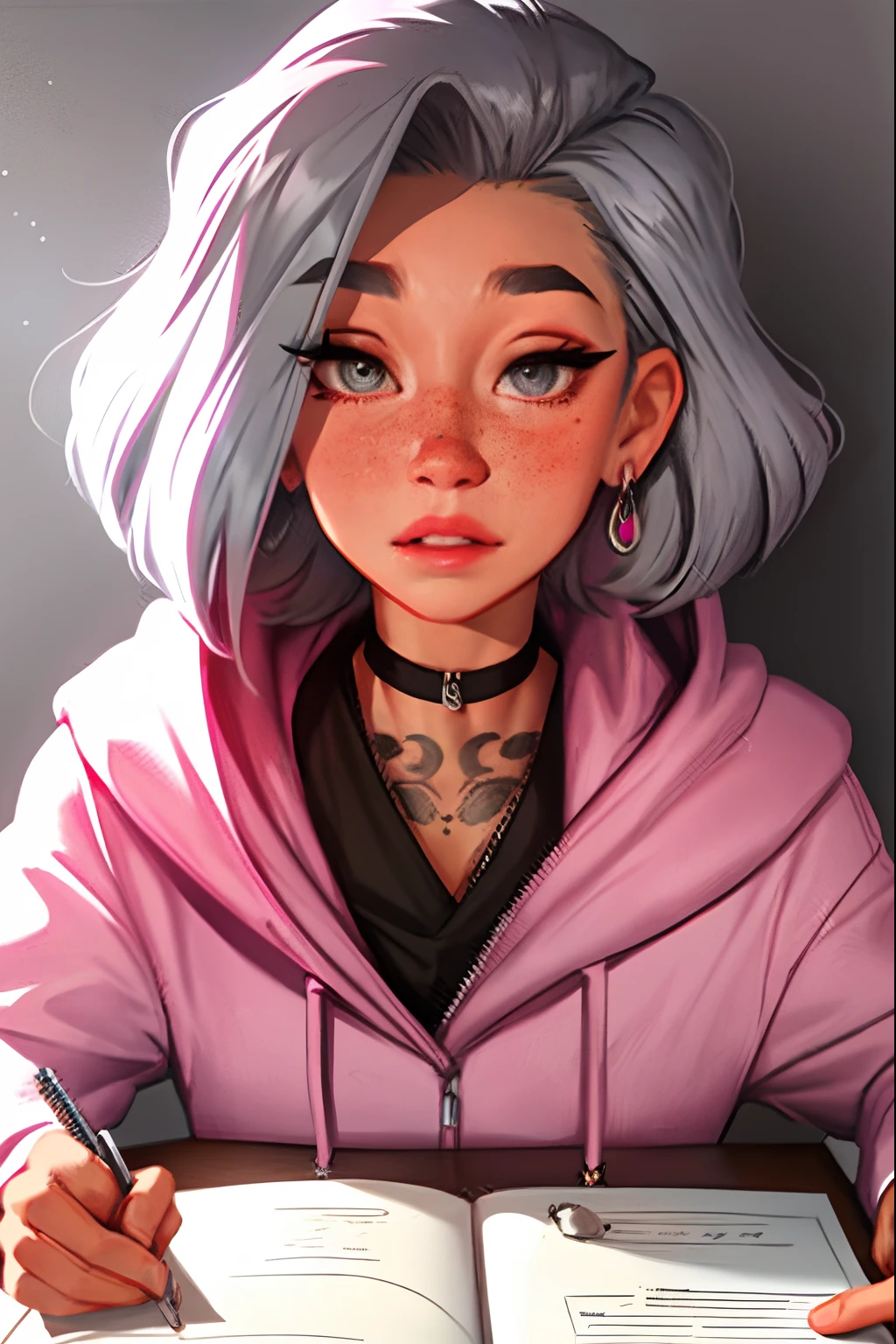 sam yang, 1woman, pink hoodie, grey eyes, silver hair, earrings, freckles, jewelry, lips, short curly hair, looking at viewer, black choker, parted lips, day, depth of field, solo, tattoos, nose piercing, septum, bored, writing on a notebook, ((masterpiece))