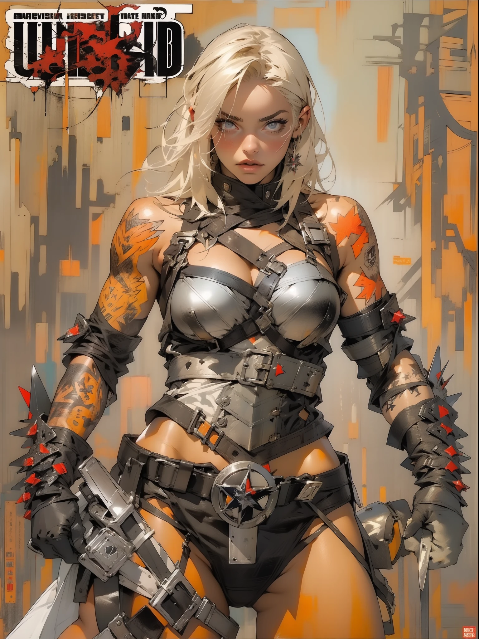 (((female))), (((best quality))), (((masterpiece))), (((adult))), A 35 year old woman warrior with perfect body, Brooklyn Gladiators, hand with steel gloves and metal tips, (( under boobs )), (( minuscule thong )), nearly naked in Simon Bisley's wild urban style for the 2000 A.D. magazine cover, blonde hair, Minimum clothing, armor (clothing made from the flag of the Germany ), full of ink-stained spikes and rivets, 5-pointed star tattoo, (((full body))), short black hair with white bangs covering forehead