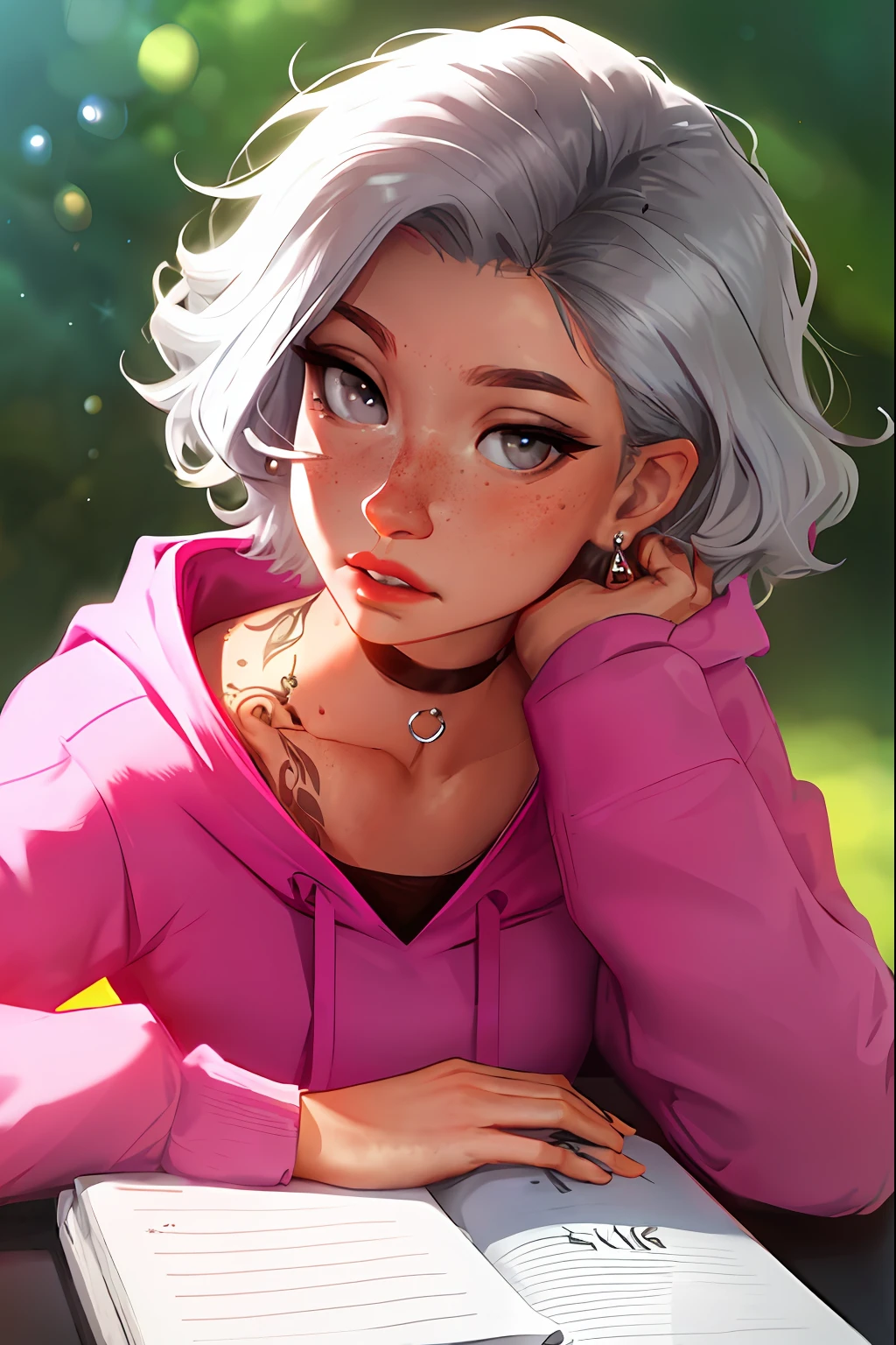 sam yang, 1woman, pink hoodie, grey eyes, silver hair, earrings, freckles, jewelry, lips, short curly hair, looking at viewer, black choker, parted lips, day, depth of field, solo, tattoos, nose piercing, septum, bored, writing on a notebook, ((masterpiece))