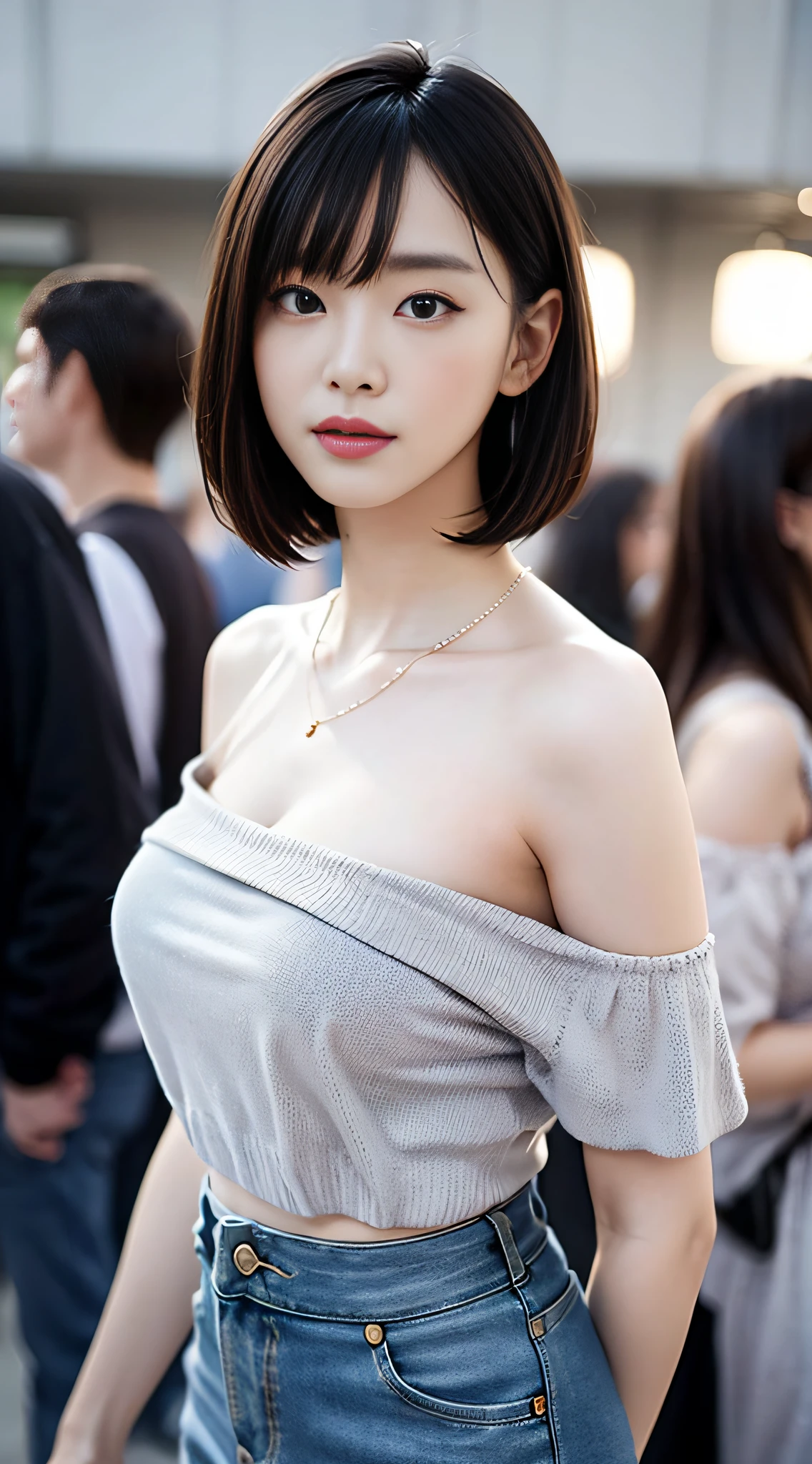 8k quality, best quality, ultra-high resolution, masterpiece, photorealistic, one girl, tense look, trend makeup, bob cut, (off-shoulder shirt, denim skirt, form-fitting clothes), sexy, cinematic lighting , main character, super slender, g cup, (please don't wear underwear), the number of people who are likely to be crushed in the crowd, dynamism, necklace, magazine cover, only there