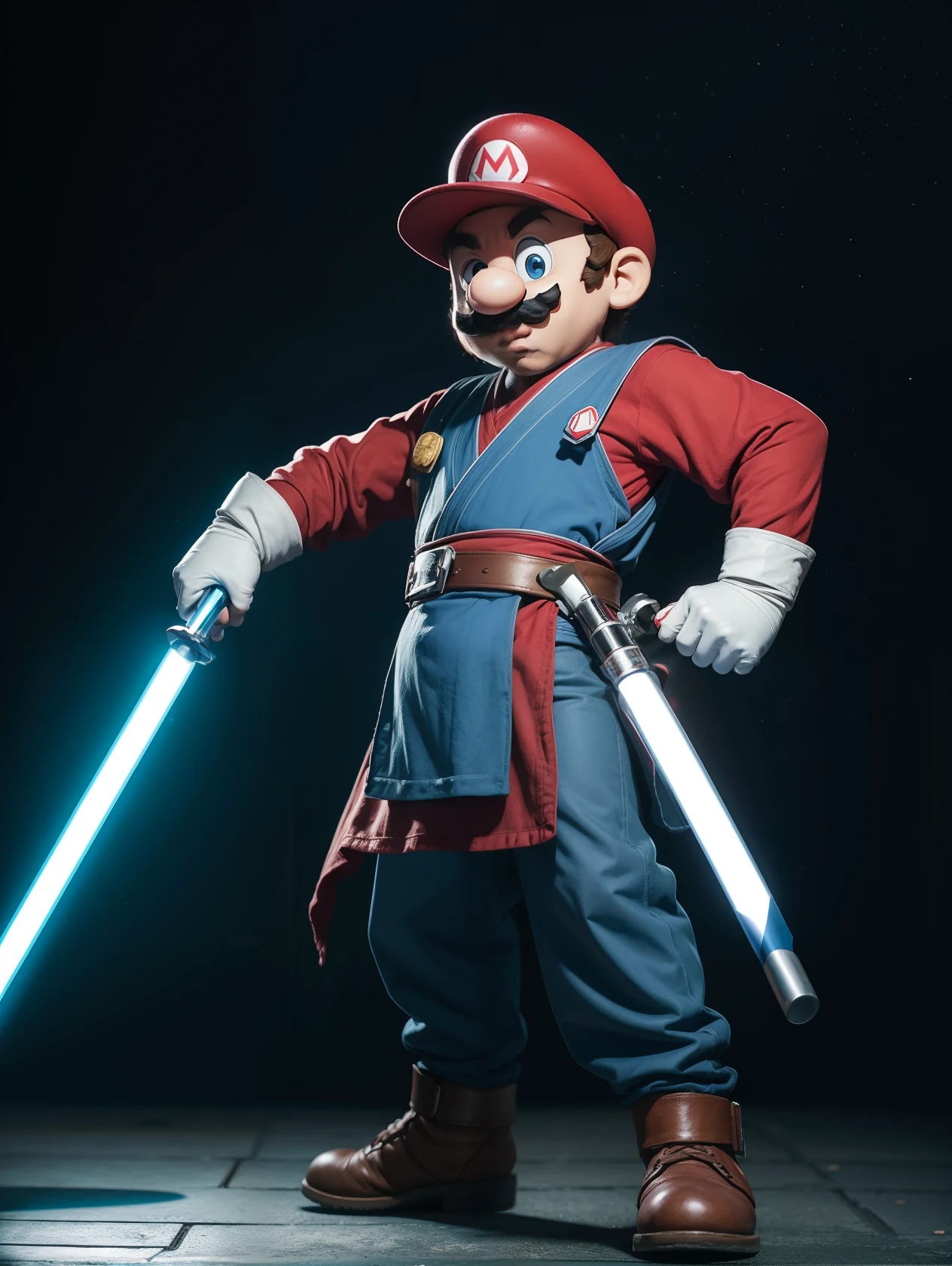 Mario com roupa Jedi vermelho e azul, segurando um sabre de luz branco, fundo cidade cogumelo