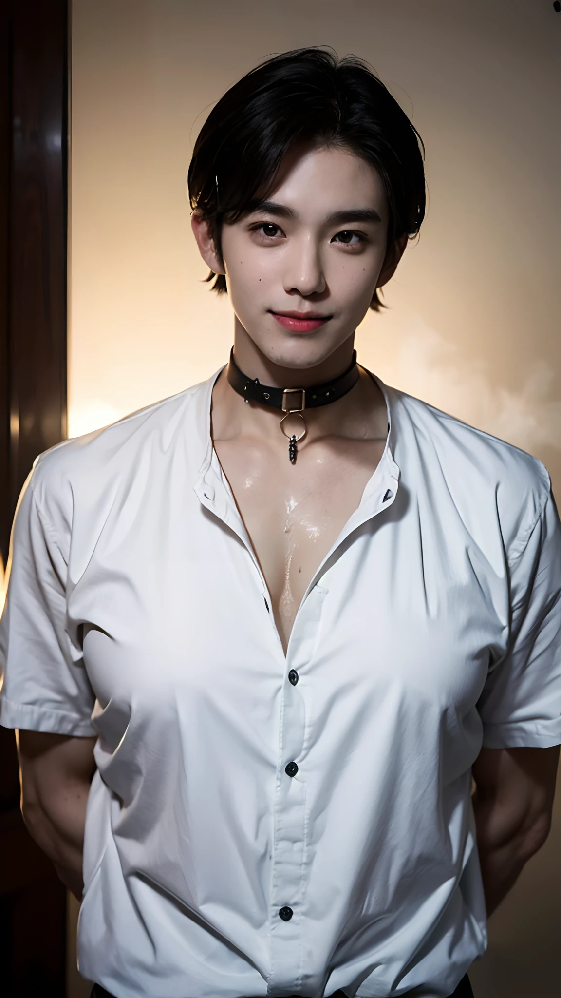 (1 person:1.9), human body shisuit, Hollow and shriveled, beautiful youth teen boy, undercut hair style, (Turn your head and look), (Look at the camera), (Head up), (high quality 16K anime), (tall body), Sweaty and sweaty, Powder blue vapor, Delicate skin, hermaphrodite, twink male body, (((Quiet smiled))), (Photorealism), masterpiece, best quality, portrait, Decent shirt, (Taiwanese super male
emo idol:1.5), (realistic beautiful Asian), close up and soft up to everything, (nice male body shape:1.1), spot light, (super pale skin:1.4), golden make up, sharp focus, detailed anatomy, ultra-wonderful face detail, 19 years old, white shirt, Hold a brush, with a ultra-cute face of a Japanese-Korean-Taiwanese young idol, (ultra-detailed eyes), (ultra-detailed skin), (super manly hair style), super wet juicy sexy soft lips, soft light, perfect yaoi face, photorealistic, (correct fingers), the light is very bright, hypermaximalist style: realistic, photorealism, photography, (A black cyber collar that tightens the neck:1.9), (Super strong male arms:1.9), (Extremely stout physique:1.9), (A strong male body is merging with him:1.9), ((((((ultra huge breasts)))))), single ponytail, (Beautiful face:1.9), (((wearing a wet white and yellow shirt))), (extremely detailed face:1.9), Placed in the center of the temple), armpit fetish, hands up, Traceless, Perspectiveal, Sparkle, (30% male head, 70% female head), (fusioned with a plump erotic body), the light is very bright, perfect hands, fox spirit in the body, fox mind controls this body, fox soul in this body, A seductive smile, Slender eyebrows, huge arms,Fusion with Kitagawa Keiko,(((((Hazy)))))