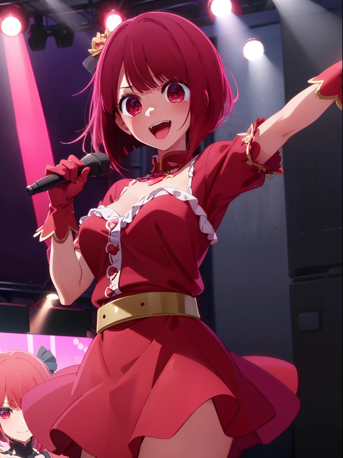 ​masterpiece、ighly detailed、(1 girl in:1.2)、Red hair、big eye、a closeup、A smile、8K、short-hair、animesque、Shining eyes、(((Red Idol Costume))), ((Red dress)), (((Pink gloves))), dance, sings, brilliance, on a stage,Black hair ornament, stage, A light, striated hair, radiant eyes, medium breasts⁩, gloves, Sing with your mouth open, Bottom Black Skirt