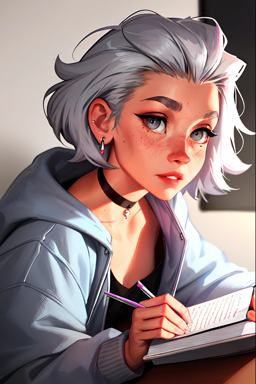 sam yang, 1woman, pink hoodie, grey eyes, silver hair, earrings, freckles, jewelry, lips, short curly hair, looking at viewer, black choker, parted lips, day, depth of field, solo, tattoos, nose piercing, septum, bored, writing on a notebook, ((masterpiece))