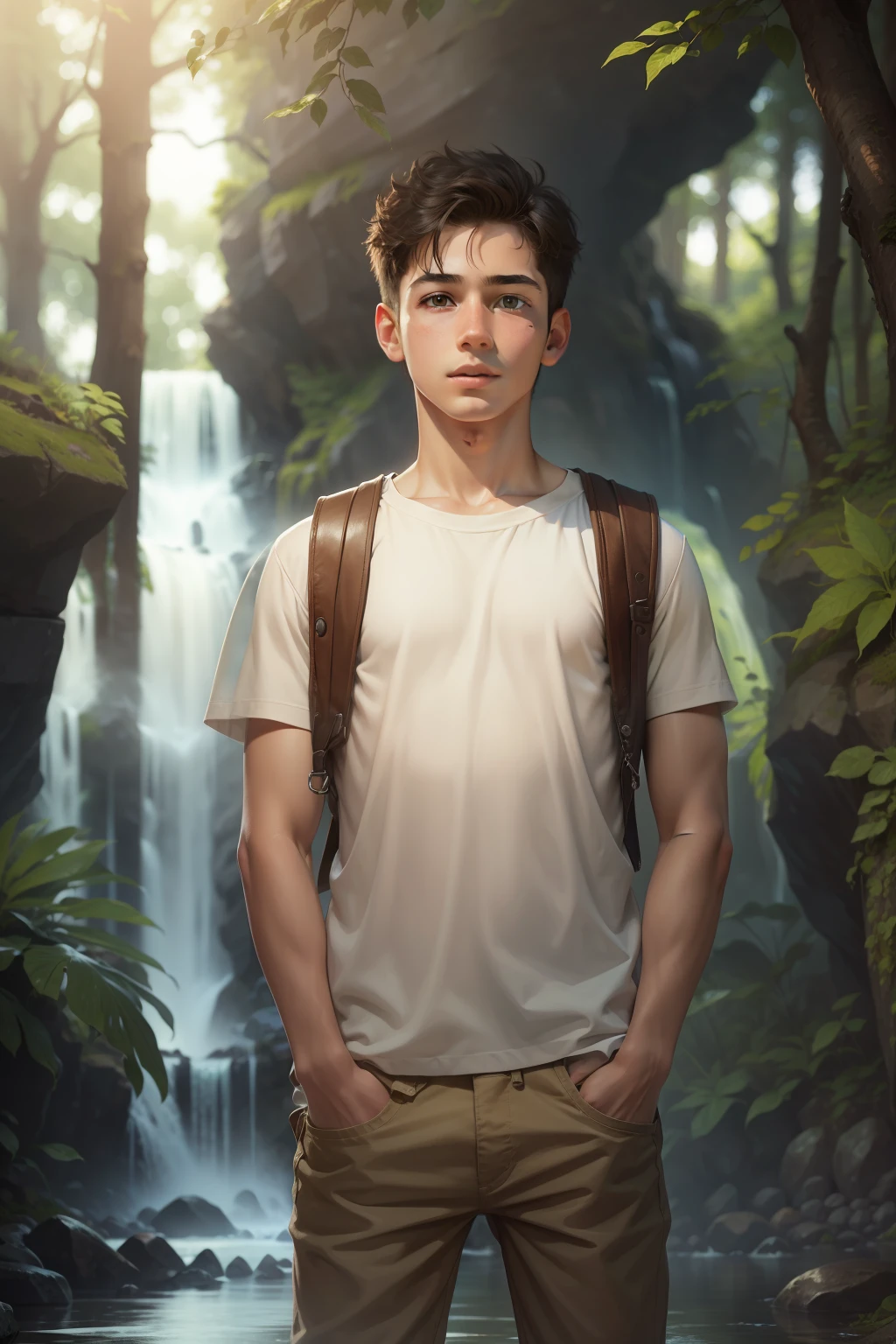 Waterfall Nature background, high resolution quality, young boy