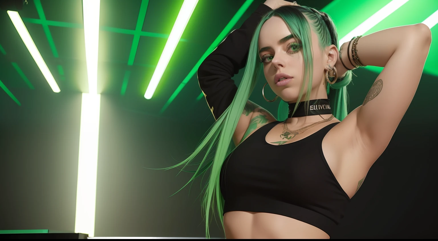 "1girl billie eilish, green hair with black, seductive pose in a stylish tan crop top and a vibrant green mini skirt"