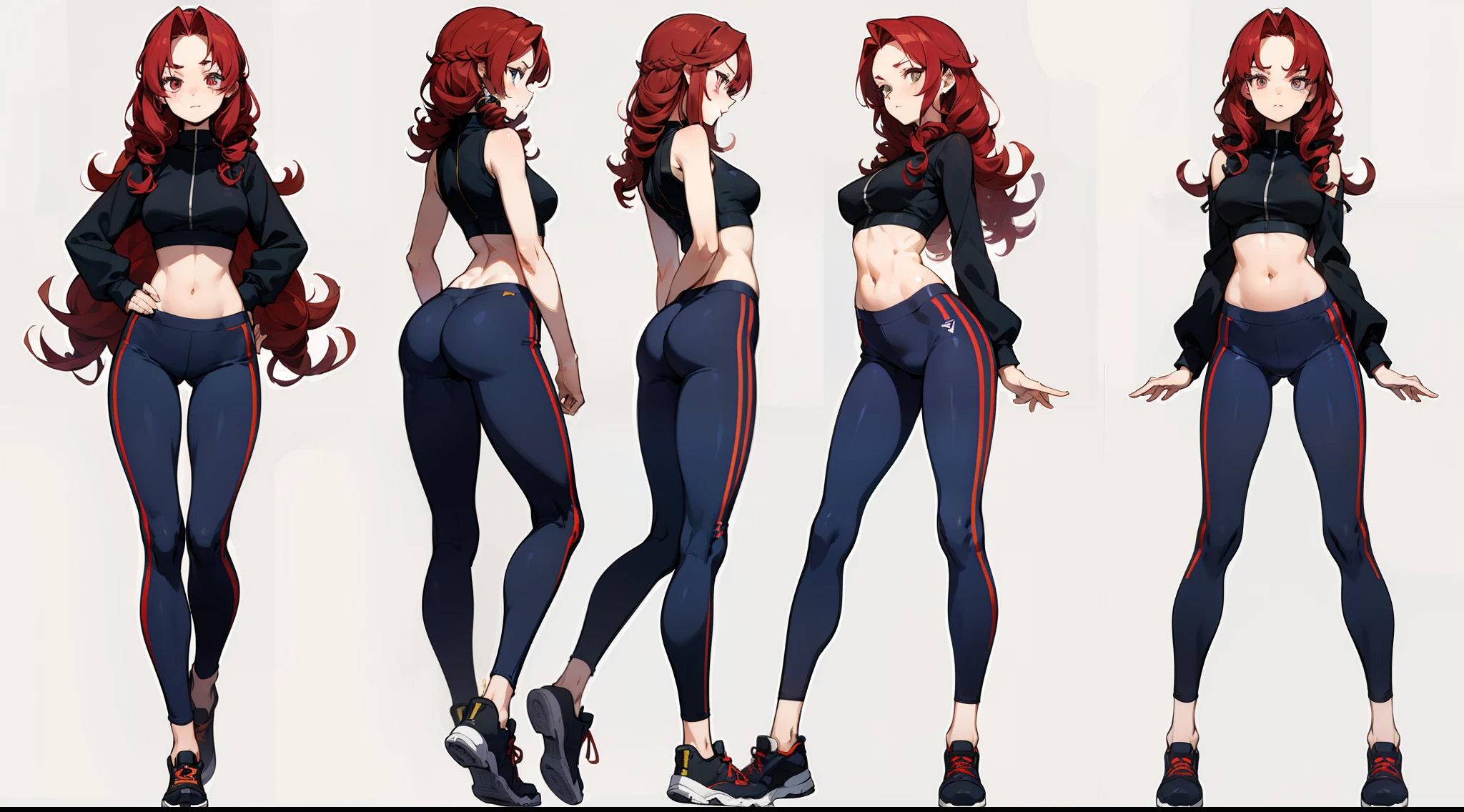 21 year old, redhead girl, waistline lenght hair (((slanted eyes))) ((( awkward shy posture))) yoga pants (asymmetric crop top) ((waist long curly hairstyle)) detailed character sheet, frontal view, side view, three quarter view, 6 and a half heads full body